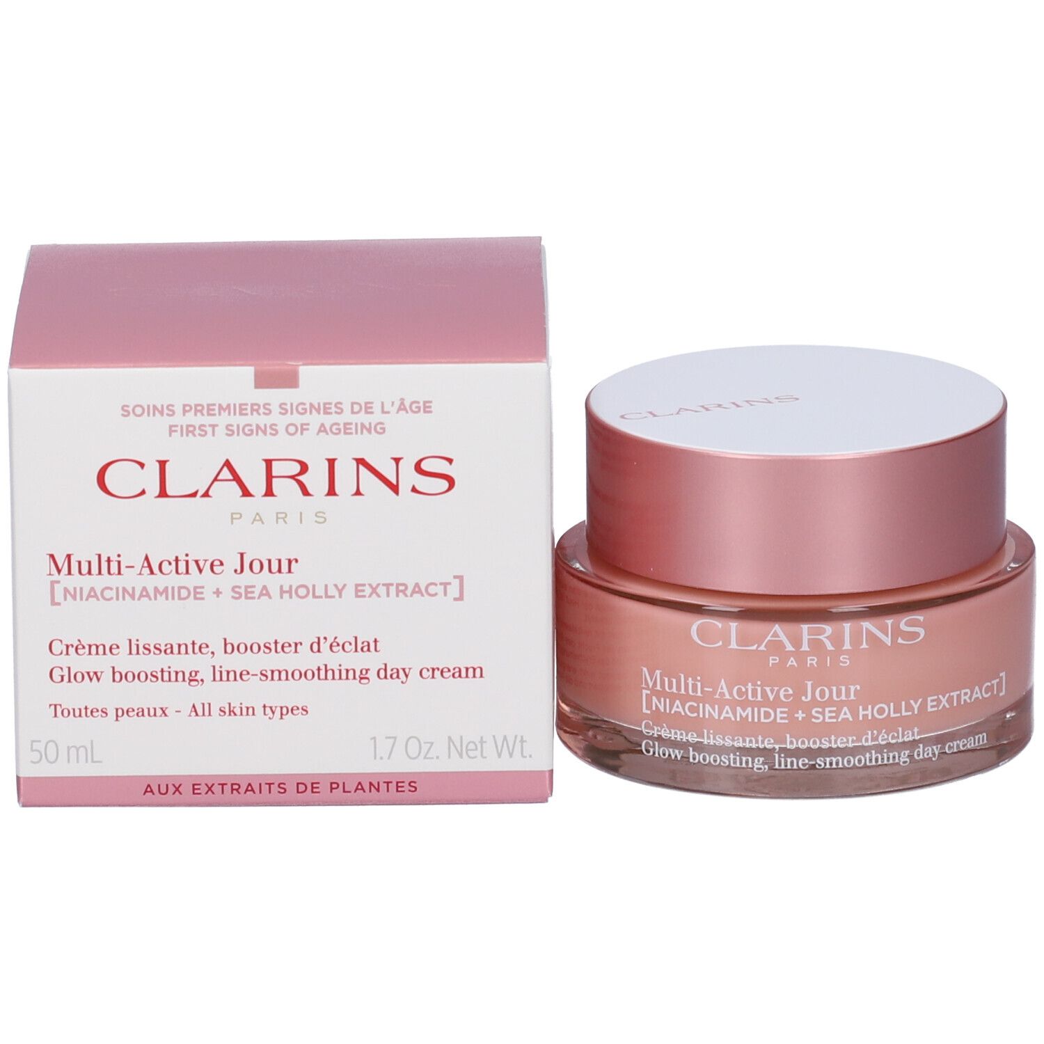 Clarins Multi-Active Jour Crema giorno e relativa confezione, rosa con accenti bianchi.