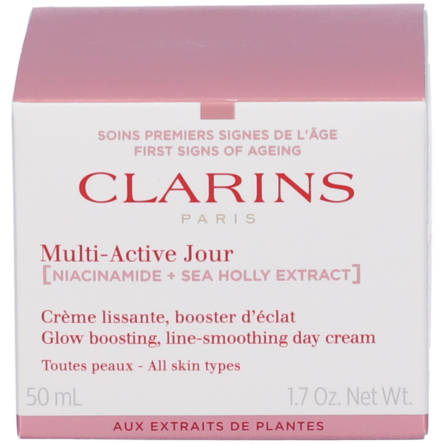 Confezione Clarins Multi-Active Jour Crema giorno, rosa con scritte bianche.