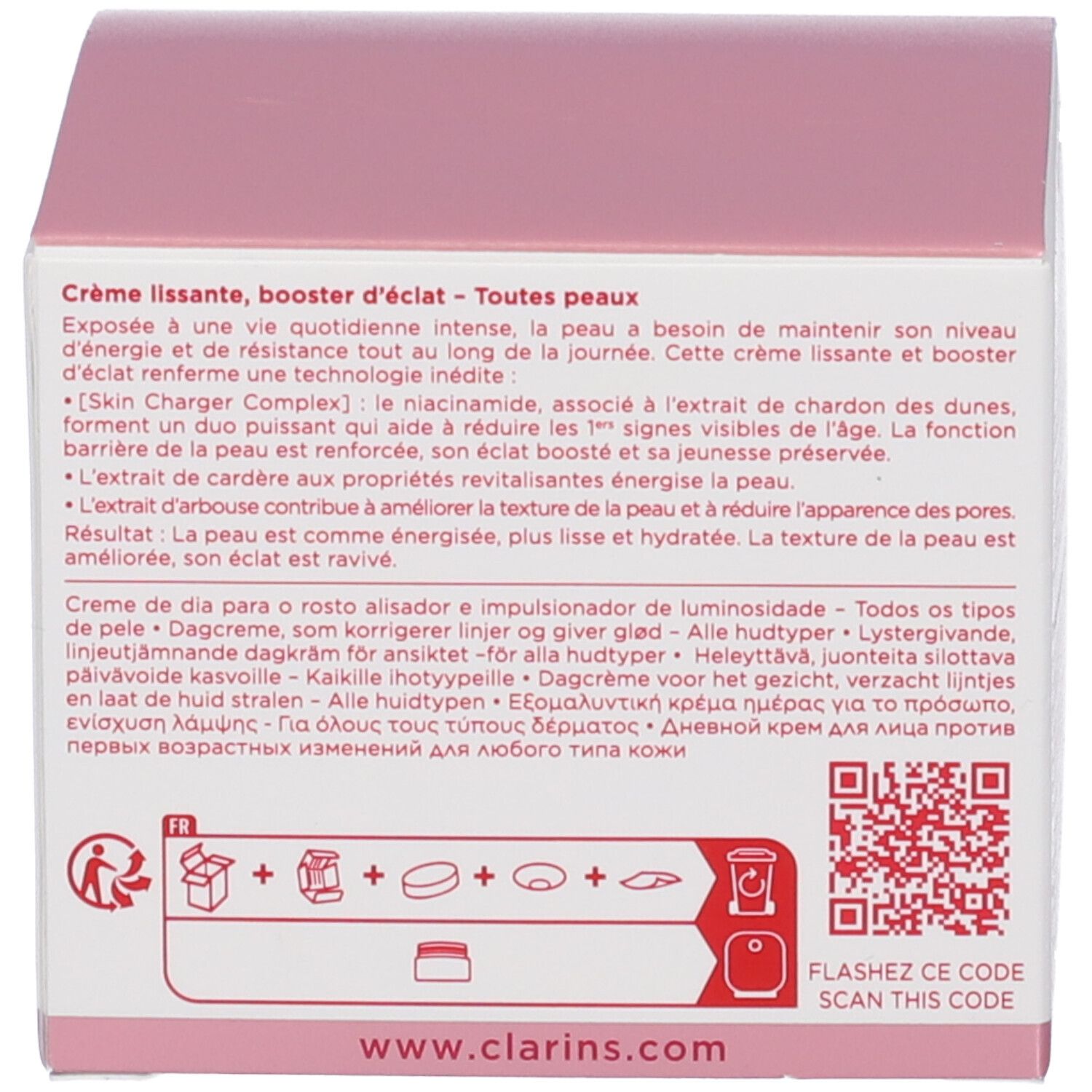Confezione Clarins Multi-Active Jour Crema giorno, interno con istruzioni e codice QR.