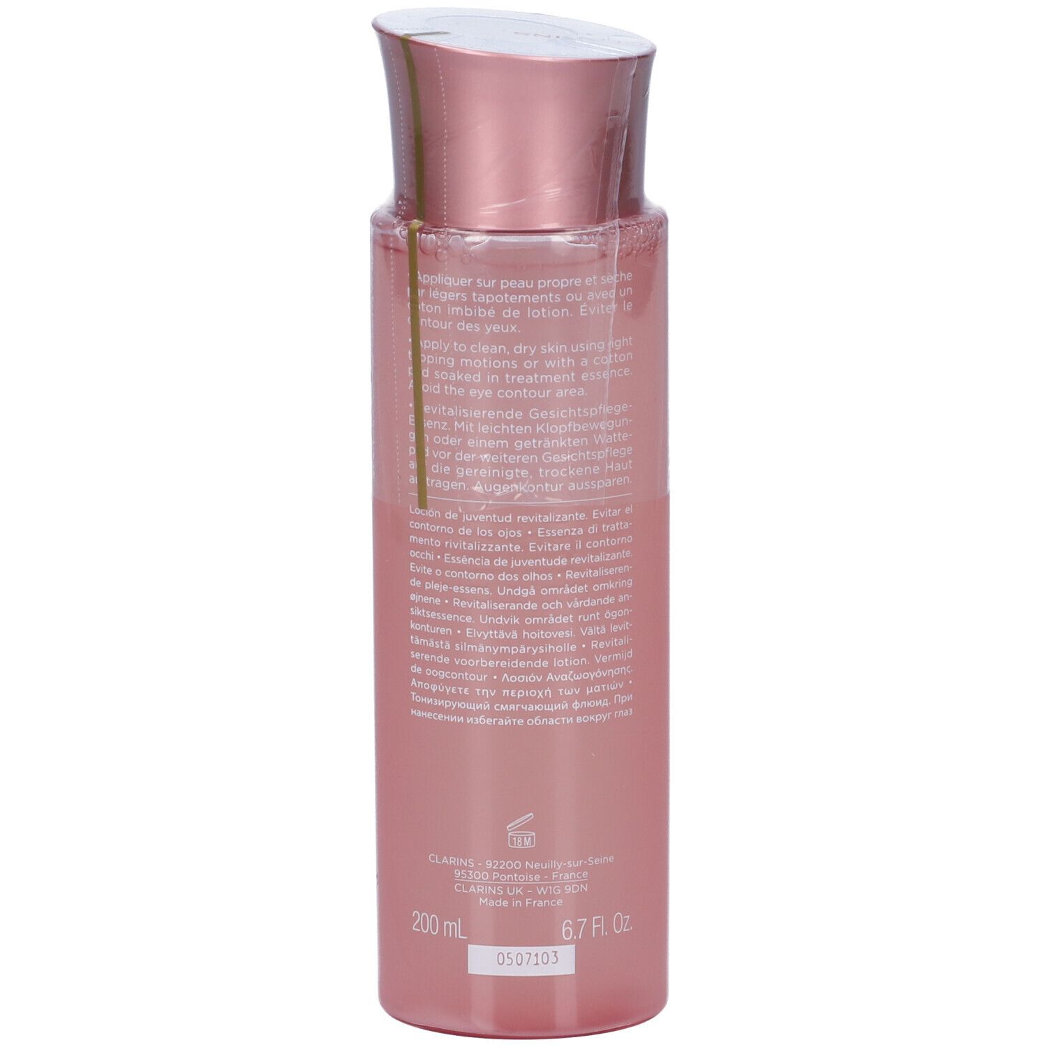 Retro di un flacone Clarins Multi-Active Essenza rivitalizzante con informazioni sul prodotto e indicazione 200ml.
