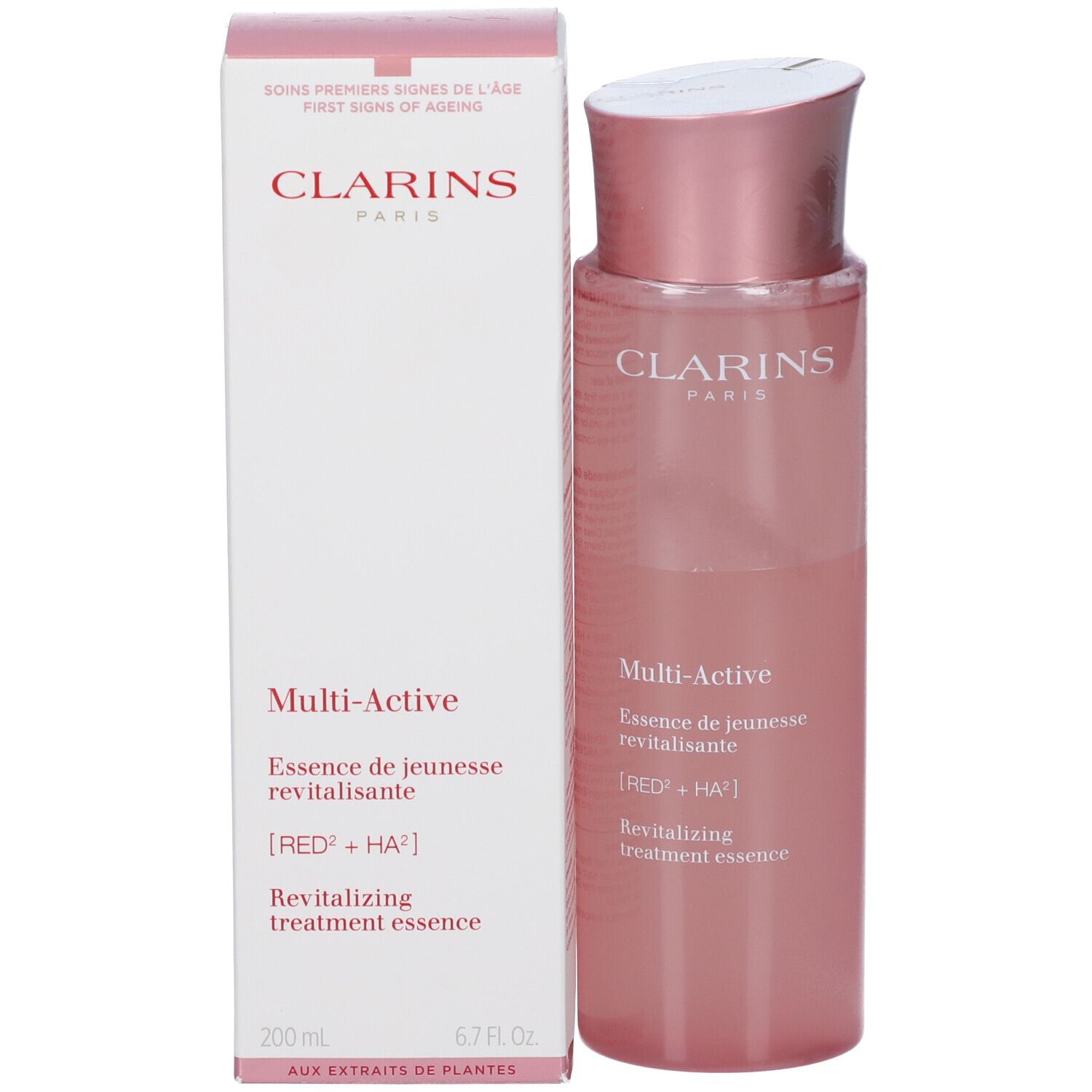 Flacone Clarins Multi-Active Essenza rivitalizzante accanto alla sua confezione rosa.