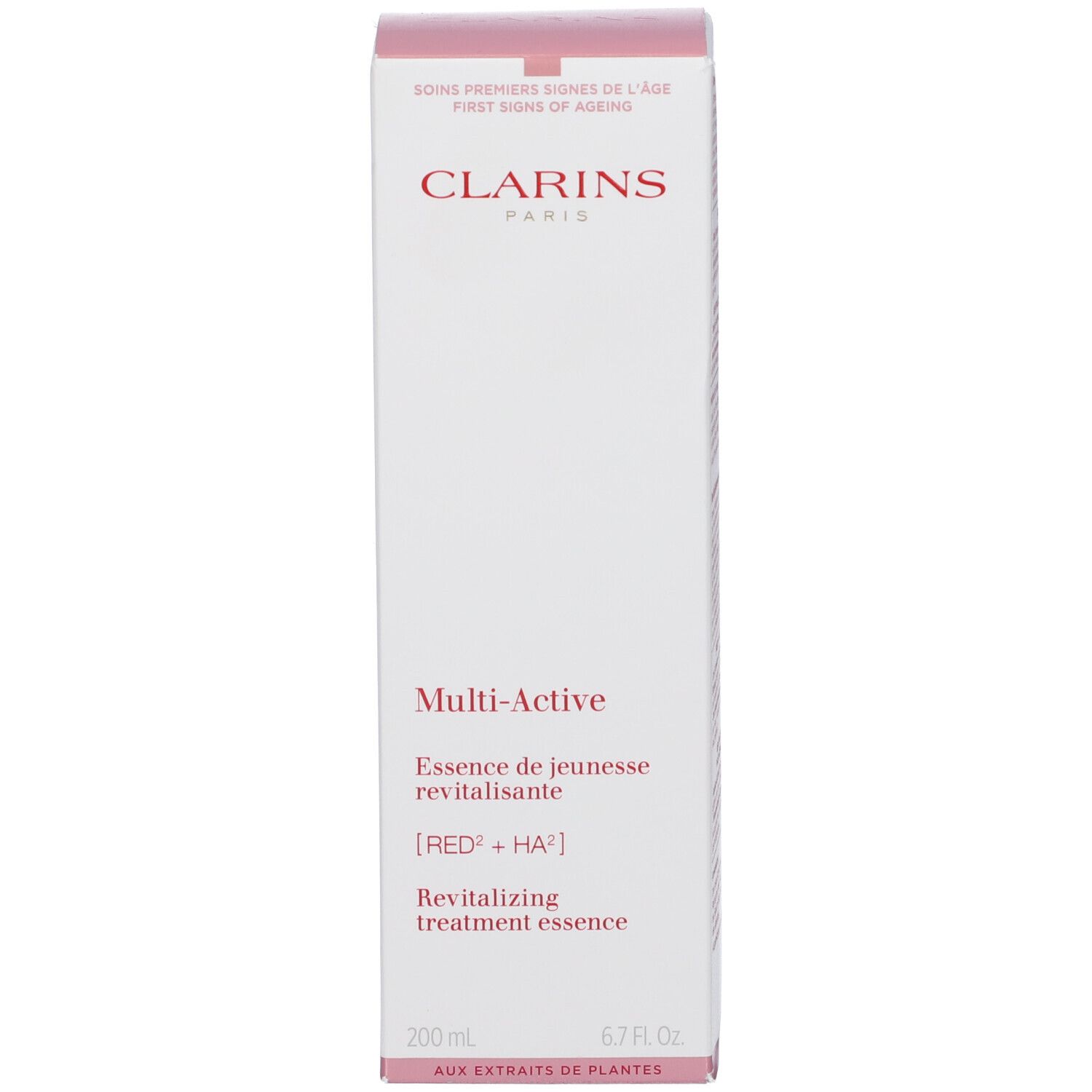 Confezione Clarins Multi-Active Essenza rivitalizzante con nome del prodotto e indicazione 200ml.
