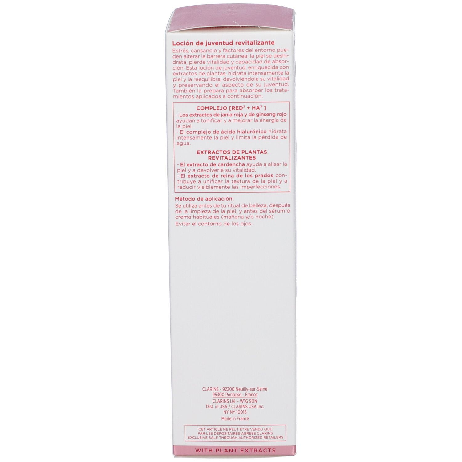 Lato della confezione Clarins Multi-Active Essenza rivitalizzante con informazioni dettagliate sul prodotto.