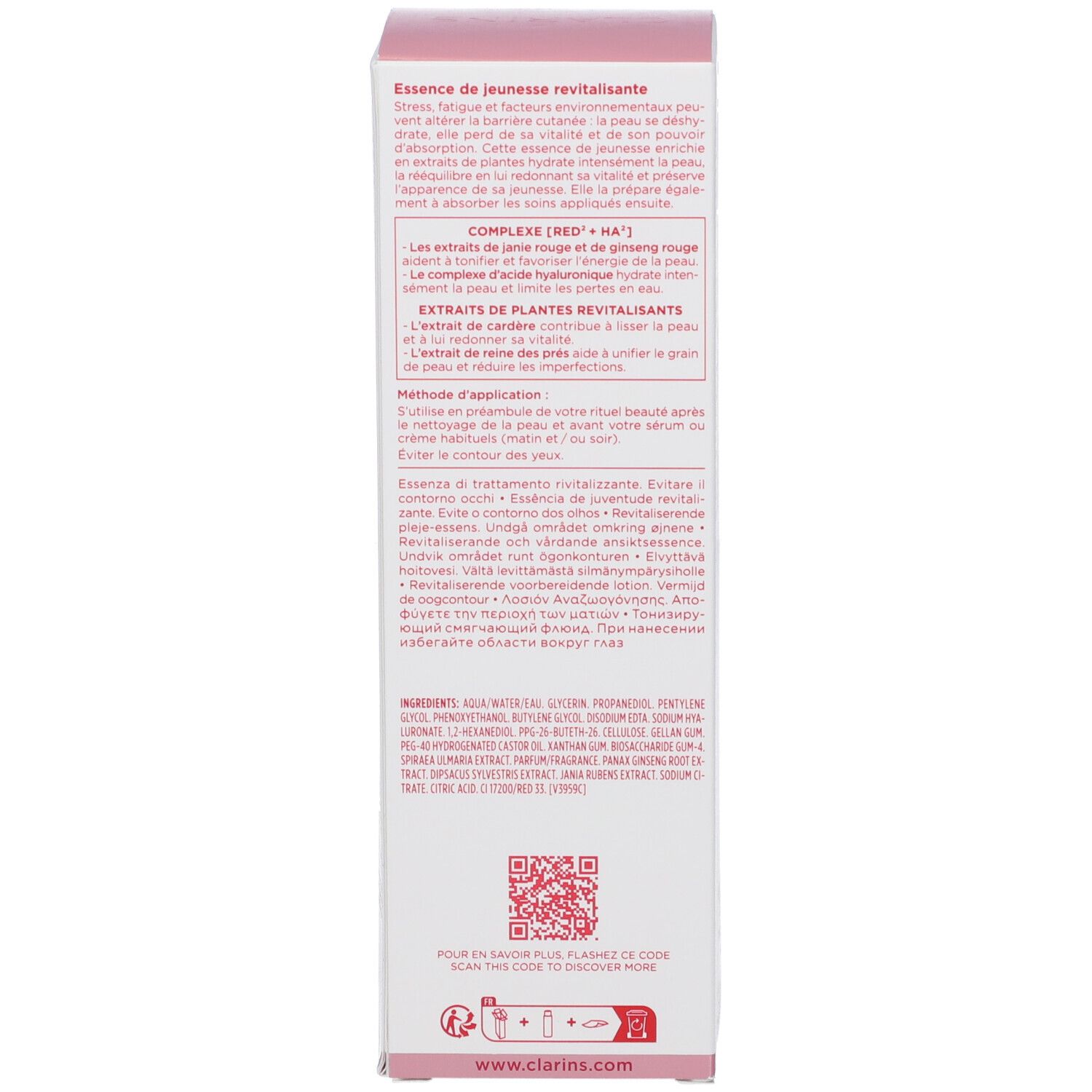 Retro della confezione Clarins Multi-Active Essenza rivitalizzante con istruzioni per l'uso e ingredienti.