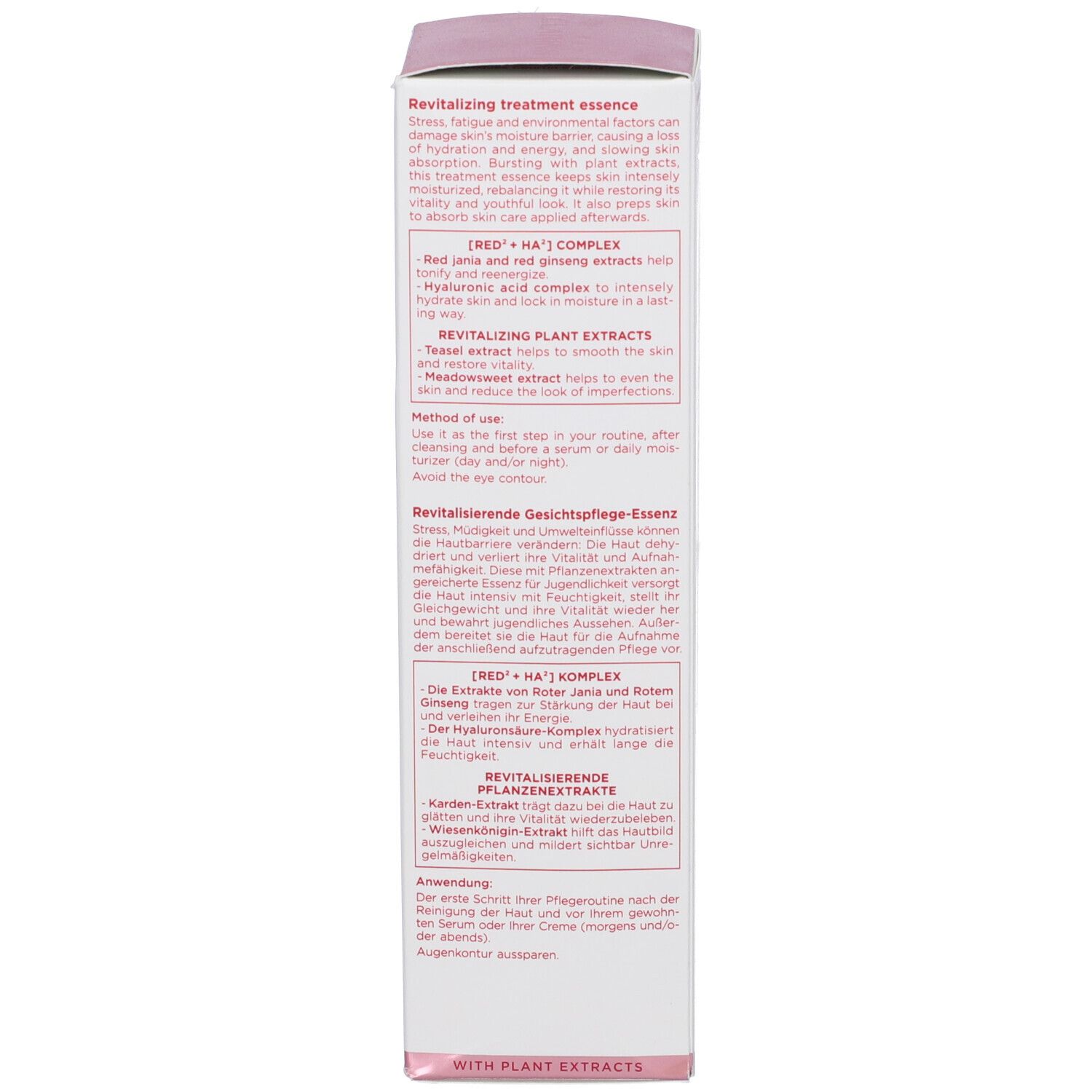 Confezione Clarins Multi-Active Essenza rivitalizzante con descrizioni prodotto in inglese e tedesco.