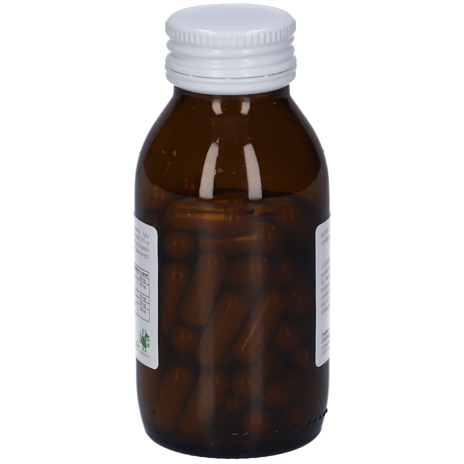 Flacone di vetro marrone con tappo bianco. Capsule visibili all'interno.