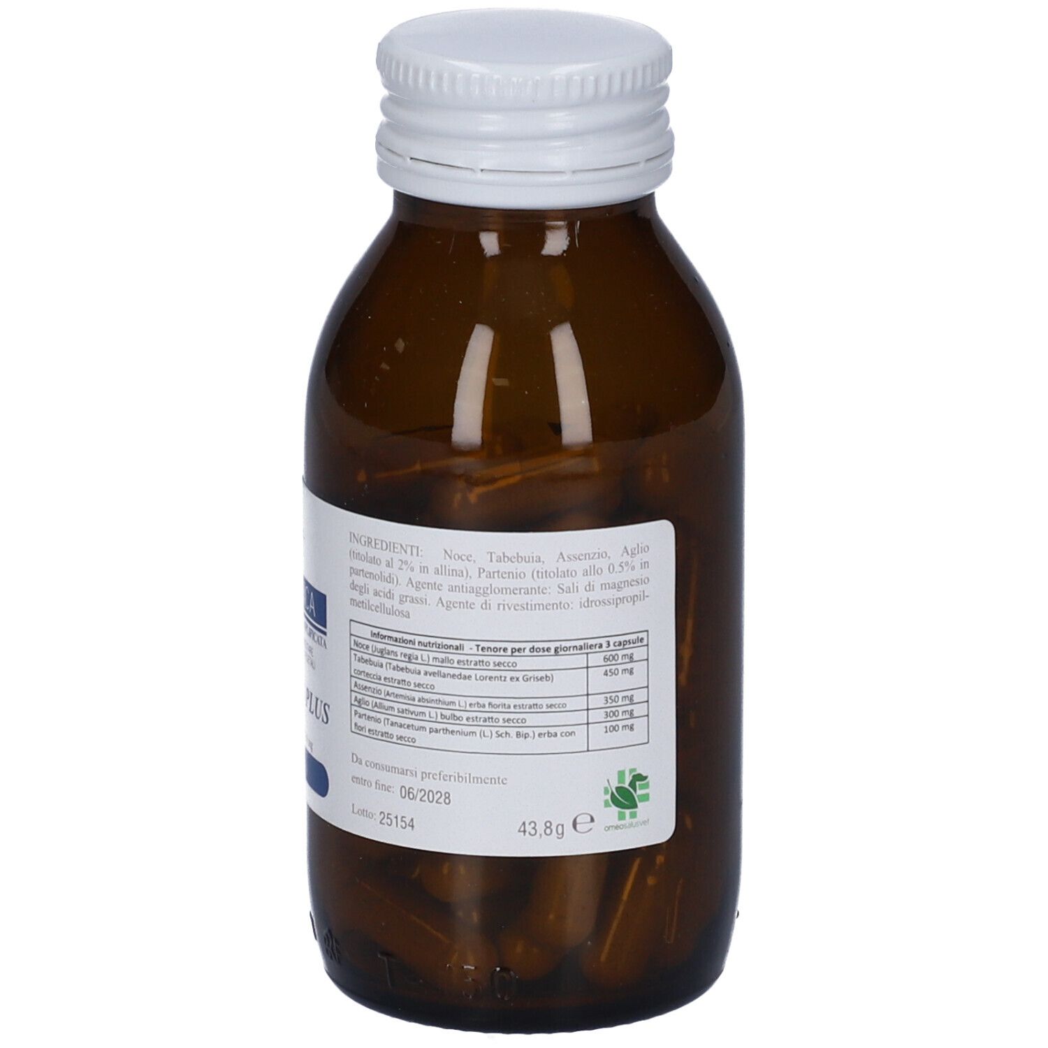 Vista posteriore del flacone di vetro marrone con tappo bianco. Etichetta con ingredienti e testo.