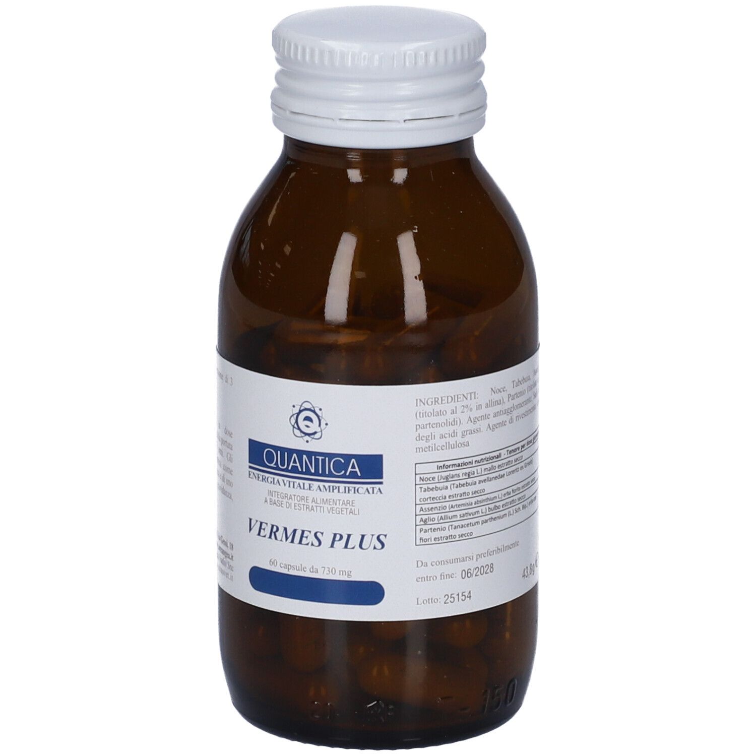 Flacone di vetro marrone con tappo bianco. Etichetta con nome del prodotto, logo e capsule.