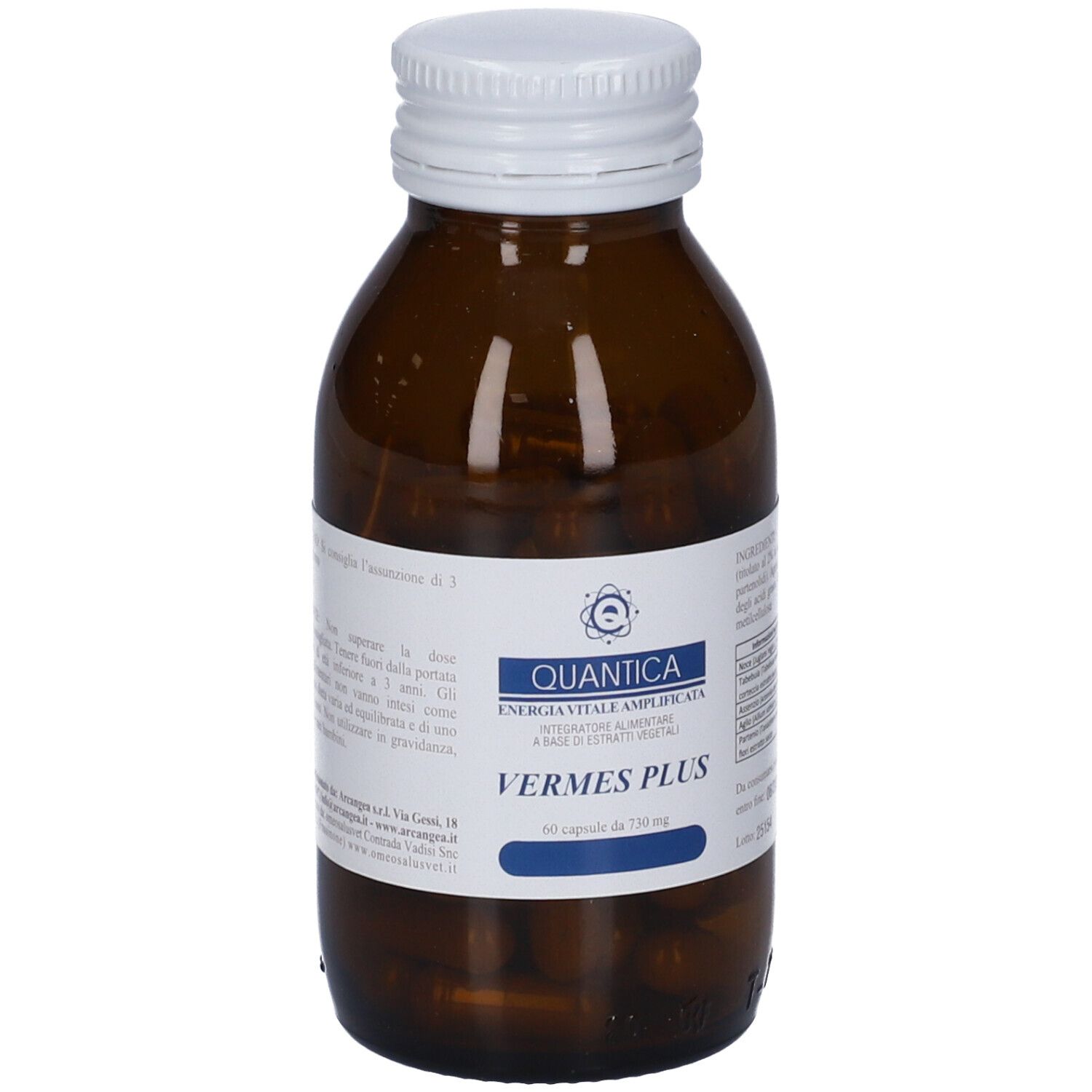 Flacone di vetro marrone con tappo bianco. Etichetta con nome del prodotto e logo. Capsule visibili.