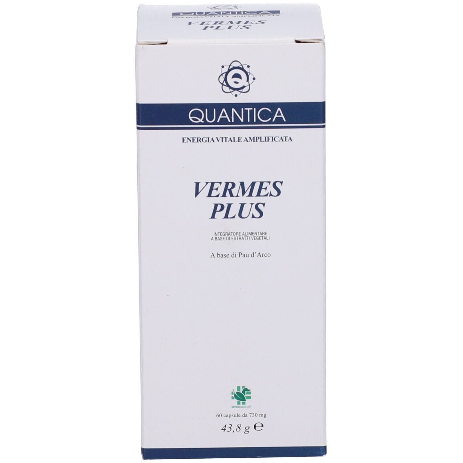 Scatola bianca con nome del prodotto e logo. Testo e logo sulla confezione.