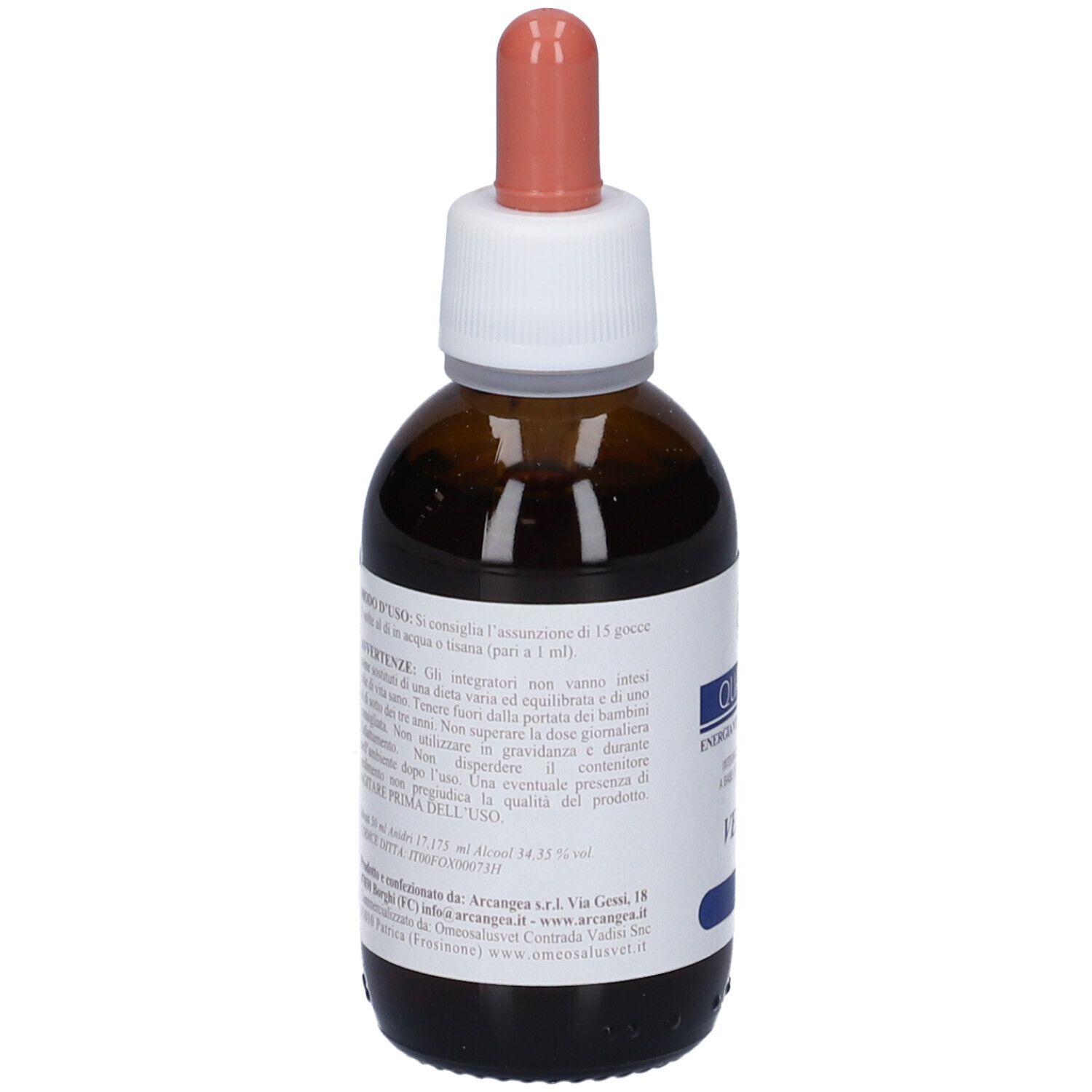 Flacone di vetro marrone con tappo bianco e pipetta rosa. Vista posteriore con etichetta. Flacone contagocce.