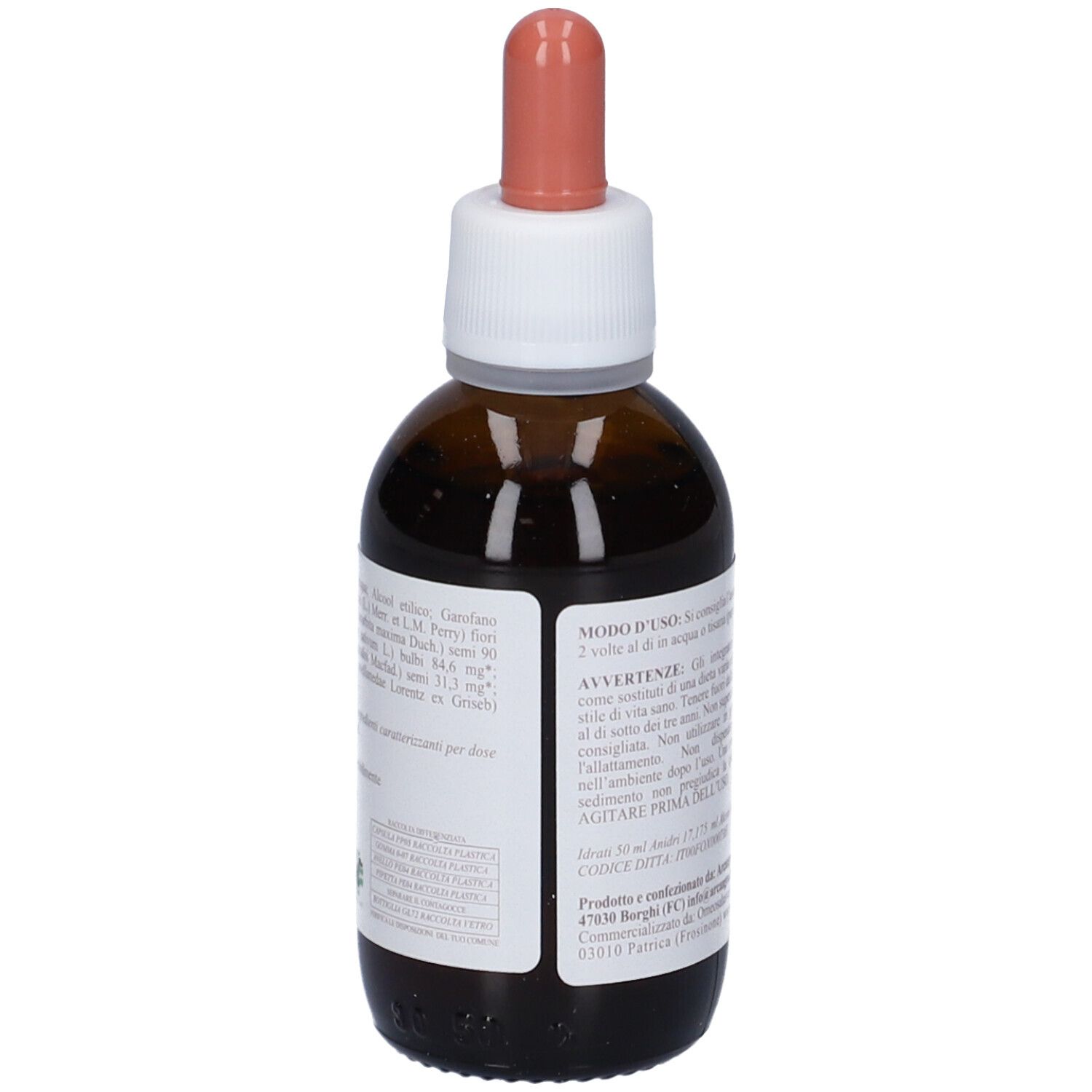 Flacone di vetro marrone con tappo bianco e pipetta rosa. Vista posteriore con etichetta. Flacone contagocce.