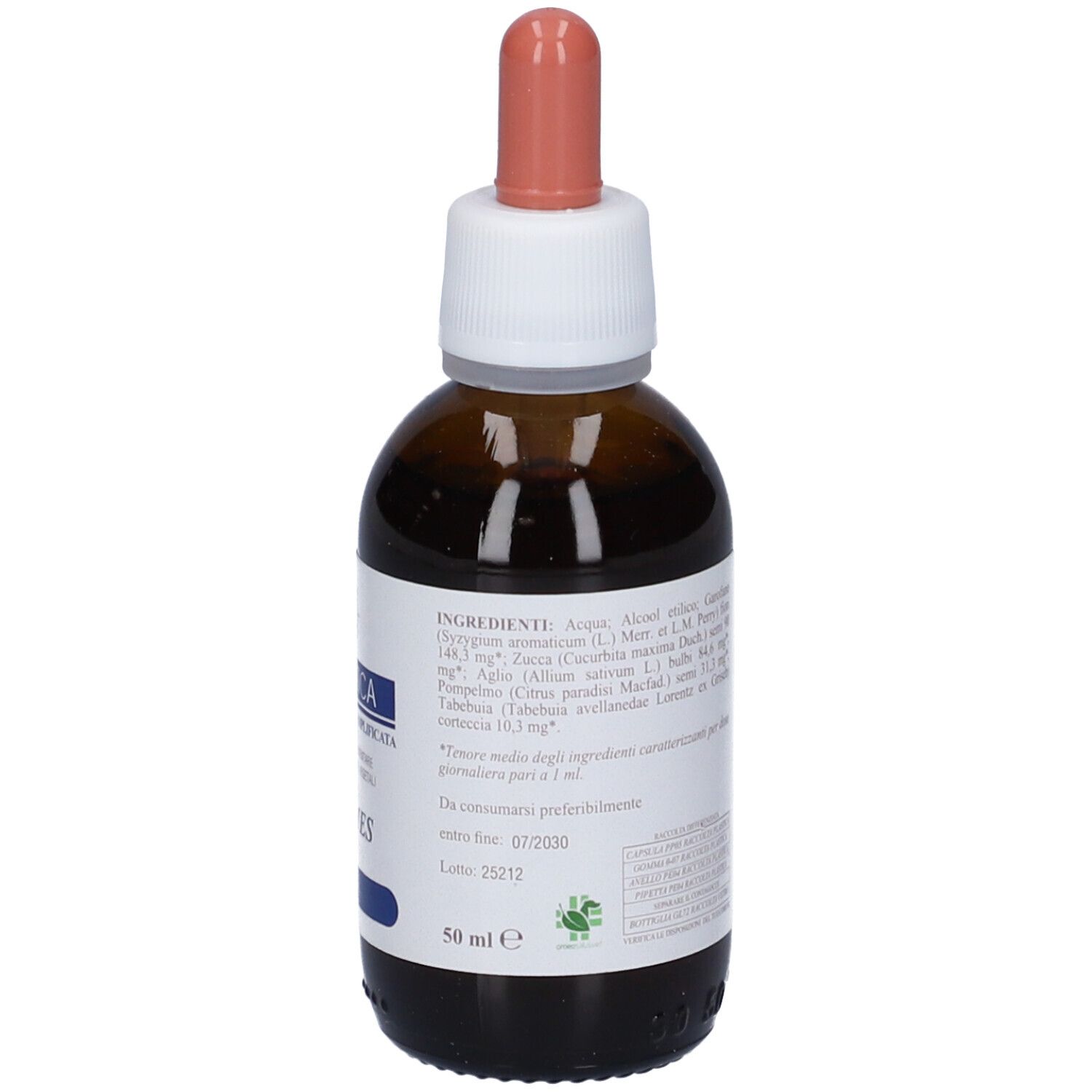 Flacone di vetro marrone con tappo bianco e pipetta rosa. Vista posteriore con etichetta. Flacone contagocce.