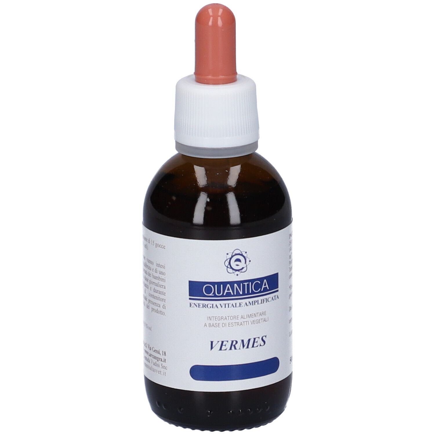 Flacone di vetro marrone con tappo bianco e pipetta rosa. Vista frontale con etichetta. Flacone contagocce.