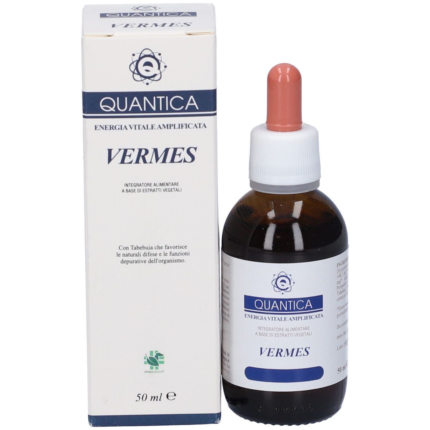 Flacone e confezione del prodotto. Flacone marrone con tappo bianco e pipetta rosa. Scatola bianca.