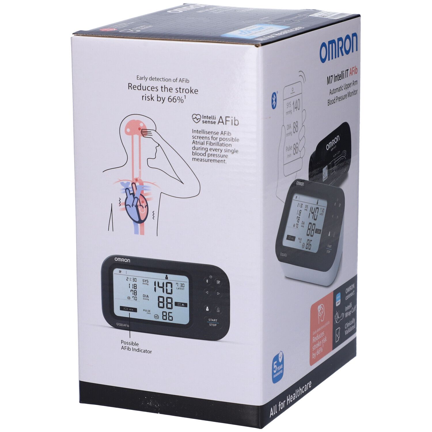 Retro della scatola Omron M7 Intelli IT Afib. Illustrazioni: cuore, cervello, misuratore di pressione. Testo: marchio, modello, rilevamento AFib.