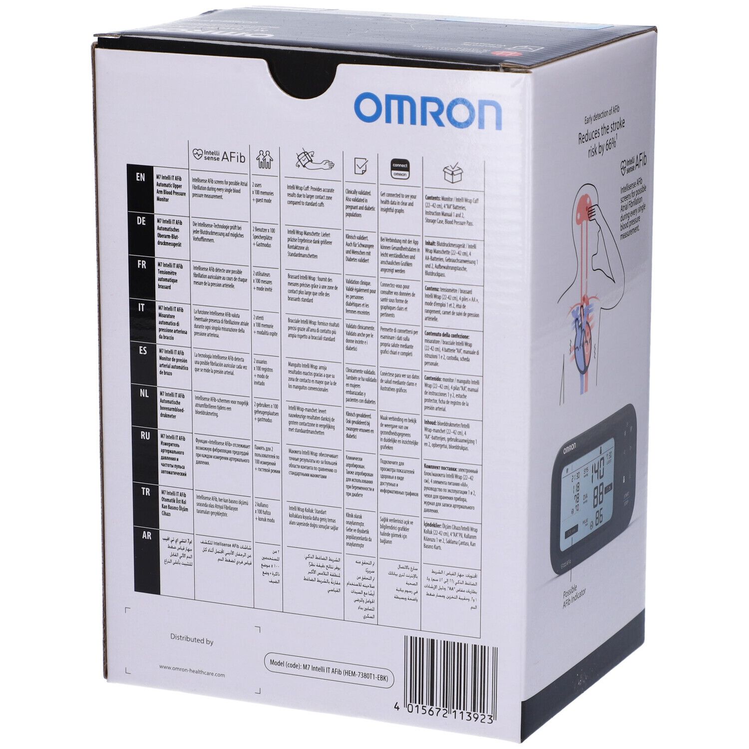Retro della scatola Omron M7 Intelli IT Afib. Testo multilingue. Illustrazioni: prodotto, simboli, codice QR.