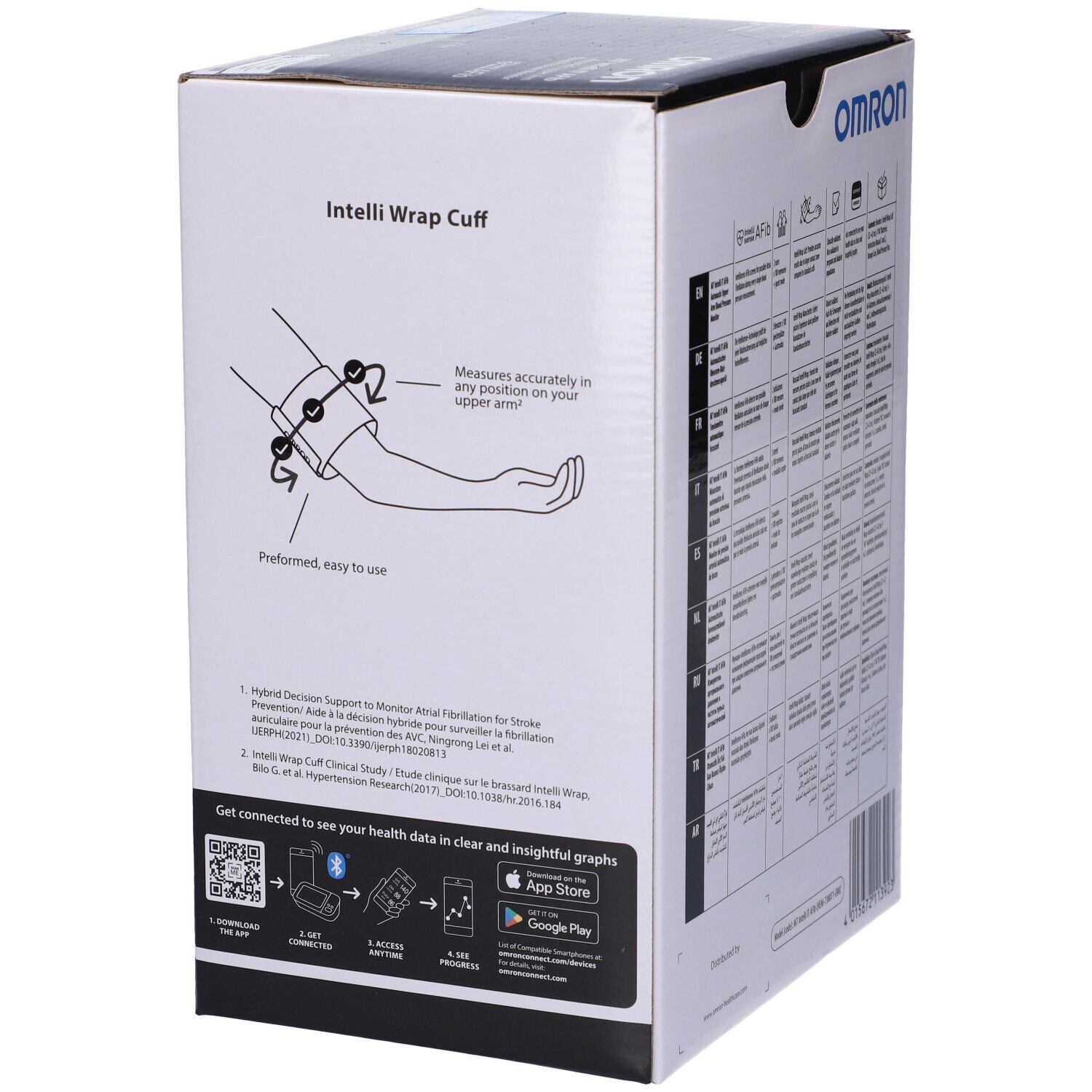 Lato della scatola Omron M7 Intelli IT Afib. Illustrazione: bracciale sul braccio. Testo: Intelli Wrap Cuff, codice QR, informazioni sull'app.