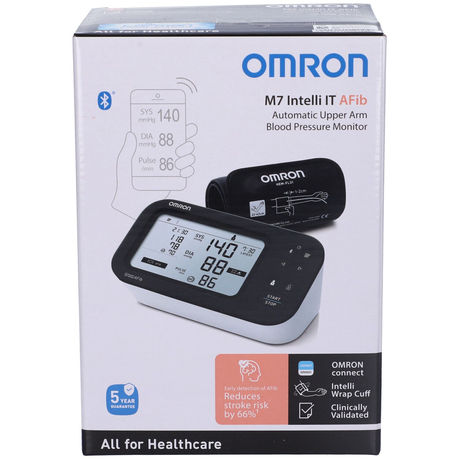 Scatola Omron M7 Intelli IT Afib. Mostra misuratore di pressione, bracciale. Scritte: marchio, modello, Bluetooth, risultati, garanzia.