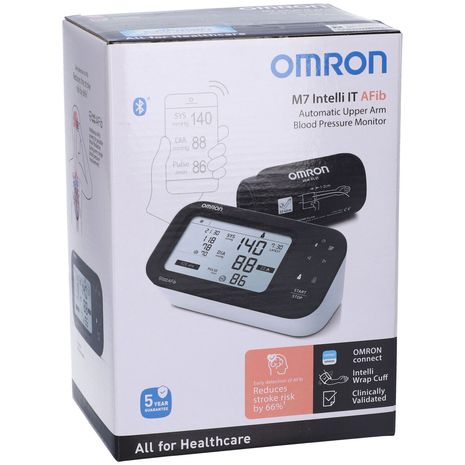 Scatola Omron M7 Intelli IT Afib. Mostra misuratore di pressione, bracciale. Scritte: marchio, modello, Bluetooth, risultati, garanzia.