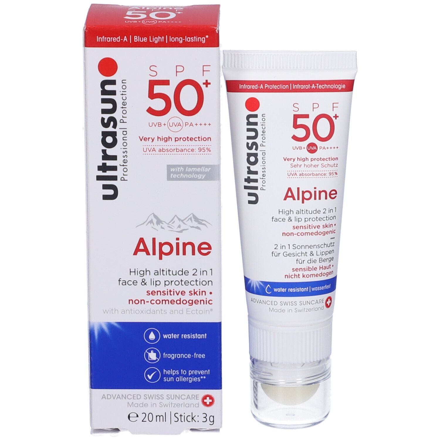 Confezione del prodotto con tubo e scatola. Scritto: SPF 50+, Alpine, protezione 2 in 1 viso e labbra.