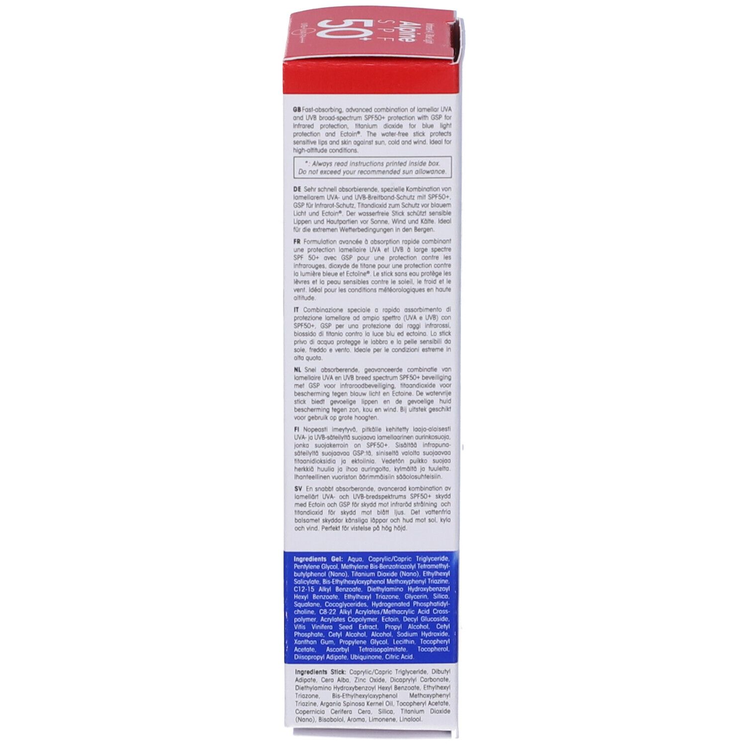 Scatola con testo multilingue. Contiene informazioni sull'uso e gli ingredienti.
