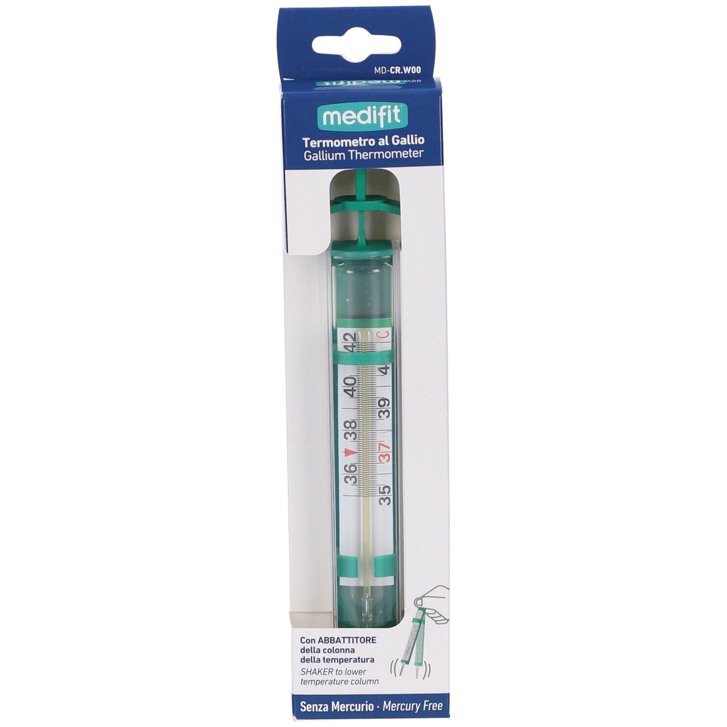 Termometro in scatola. Termometro verde e bianco con scala. Confezione con nome e caratteristiche del prodotto.