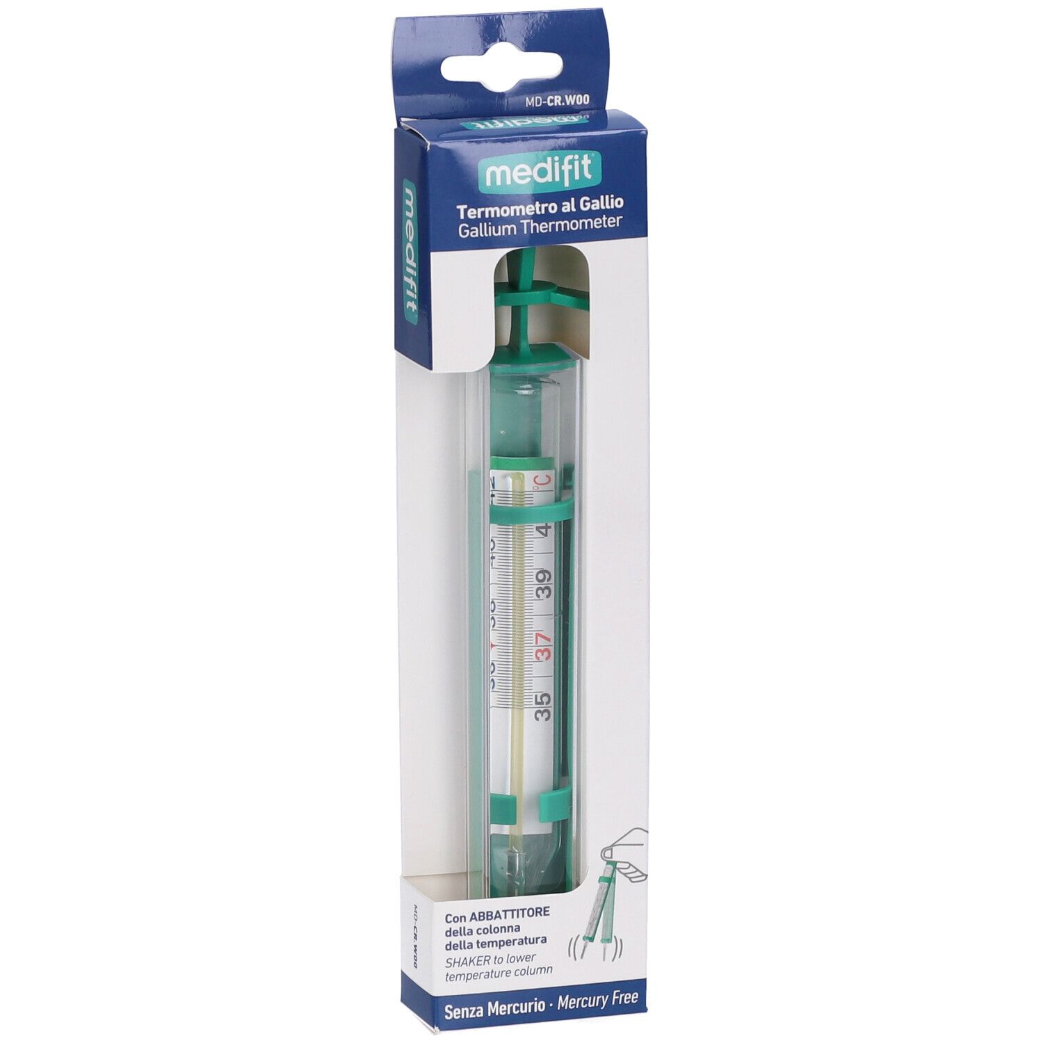 Termometro in scatola. Termometro verde e bianco con scala. Confezione con nome e caratteristiche del prodotto.