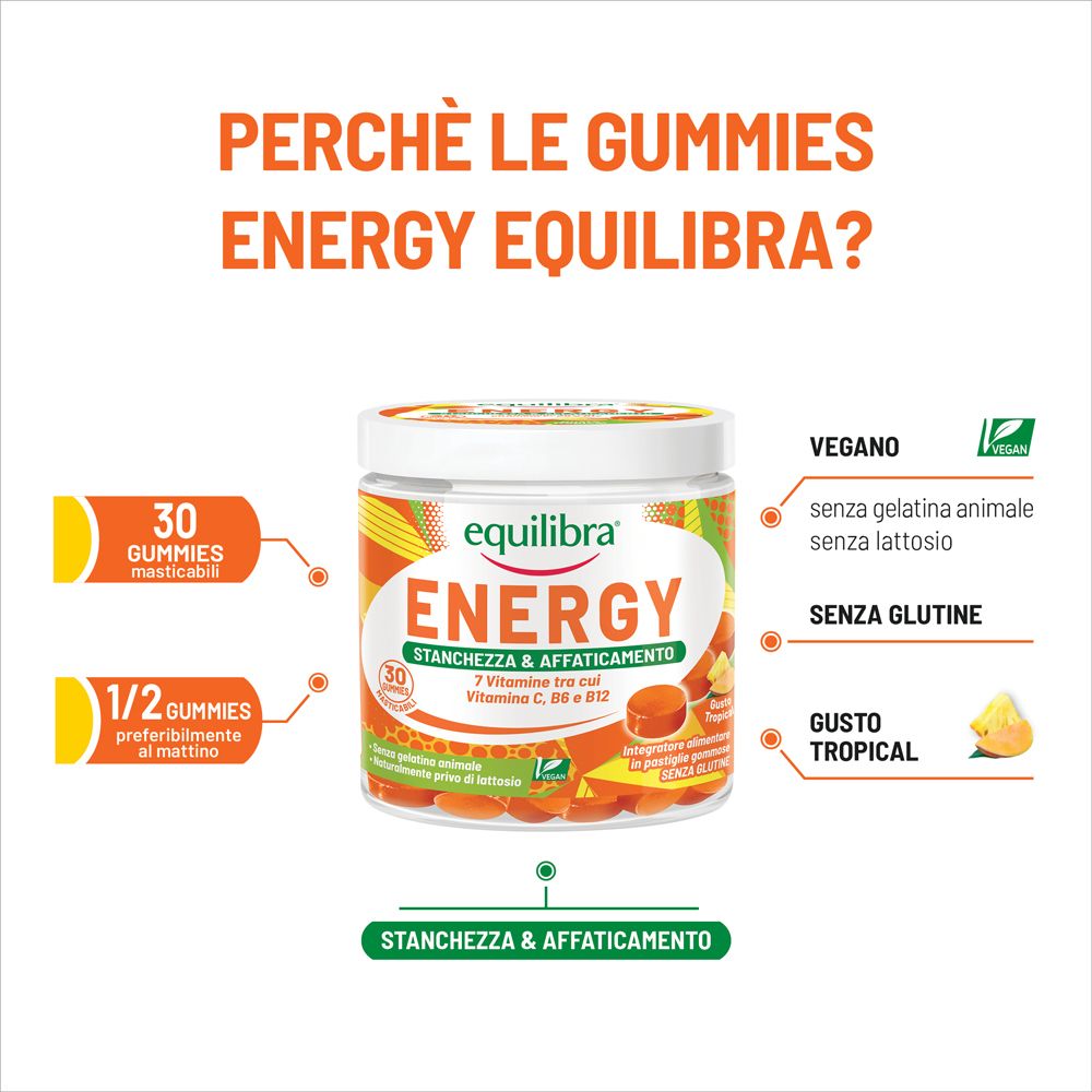 Immagine con testo. Equilibra Energy Gummies. Testo: Perché le Gummies Energy Equilibra? 30 gummies, vegano, senza glutine.