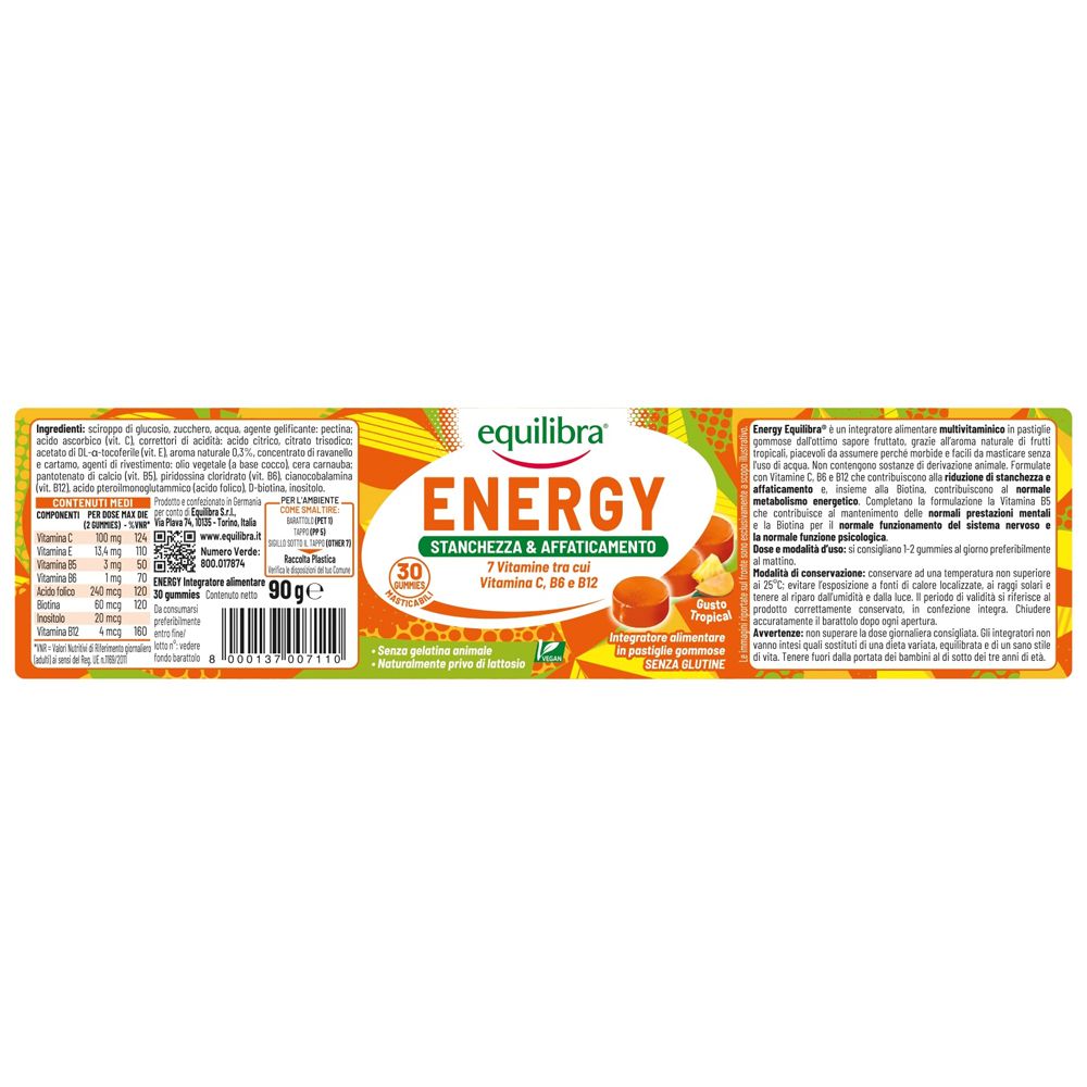Confezione di Equilibra Energy Gummies. Scritta: Energy, 30 gummies, 7 vitamine. Vegano. Ingredienti e valori nutrizionali.