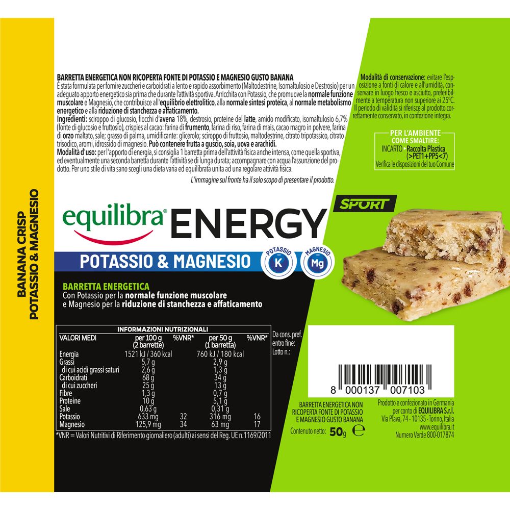 Retro della confezione della barretta energetica. Contiene informazioni nutrizionali e ingredienti. Testo: Equilibra Energy. Sfondo verde.
