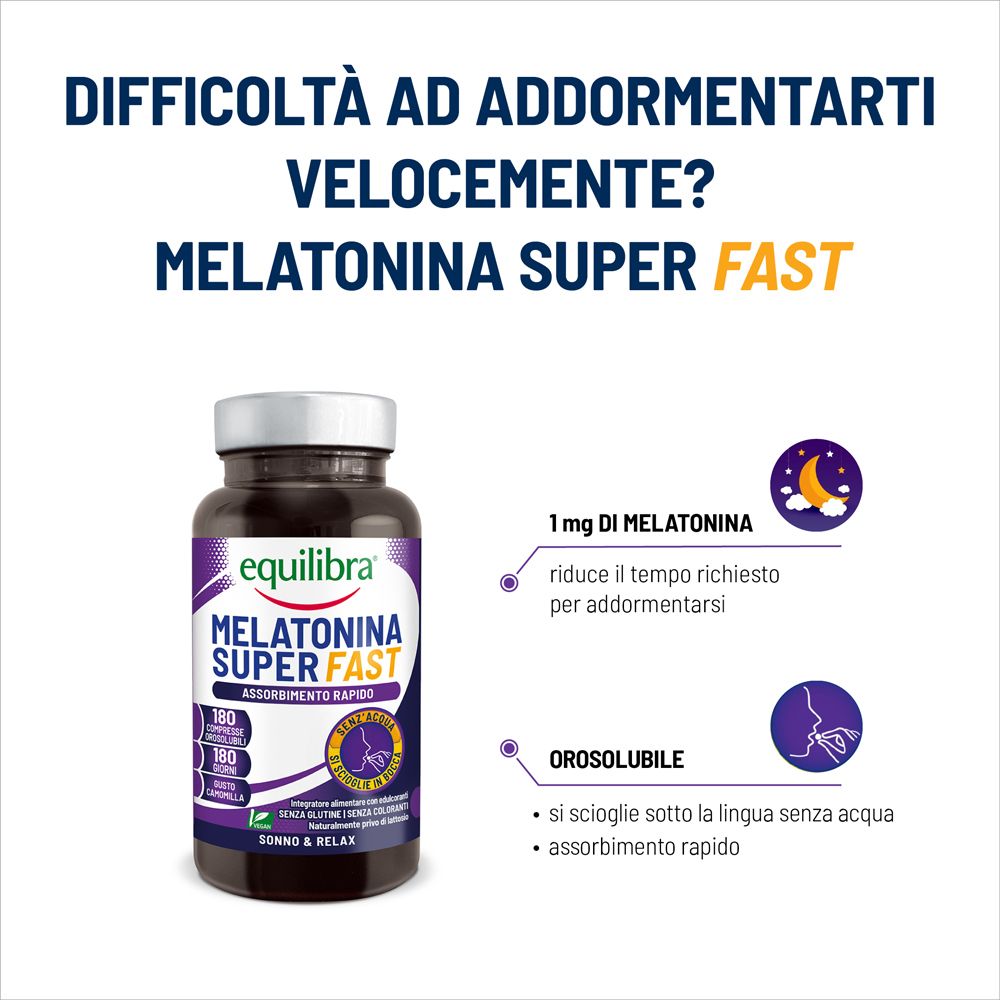 Flacone del prodotto con testo e grafica. Testo: Melatonina Super Fast. 1 mg di melatonina riduce il tempo per addormentarsi. Orosolubile.