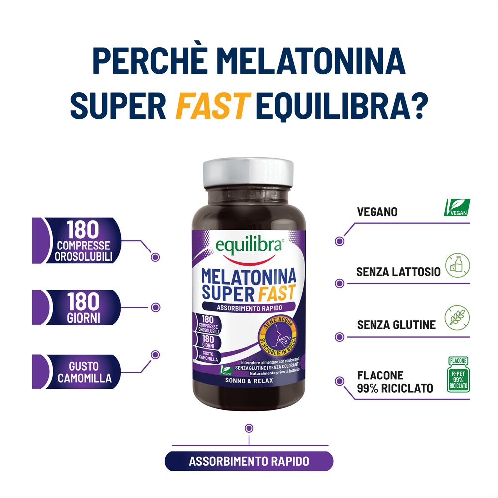 Flacone del prodotto con testo e grafica. Testo: Melatonina Super Fast. 180 compresse, 180 giorni, gusto camomilla. Vegano, senza lattosio, senza glutine.