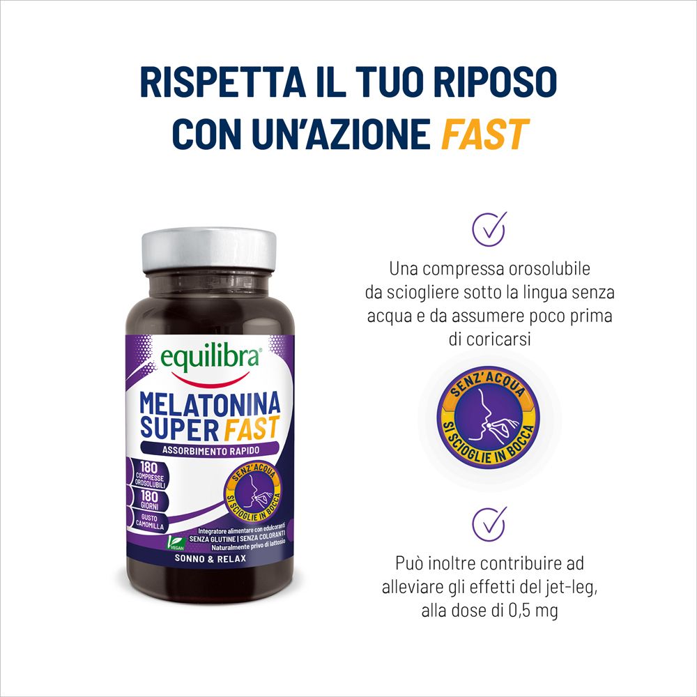 Flacone del prodotto con testo e grafica. Testo: Melatonina Super Fast. Compressa orosolubile si scioglie senza acqua. Può alleviare il jet-lag.
