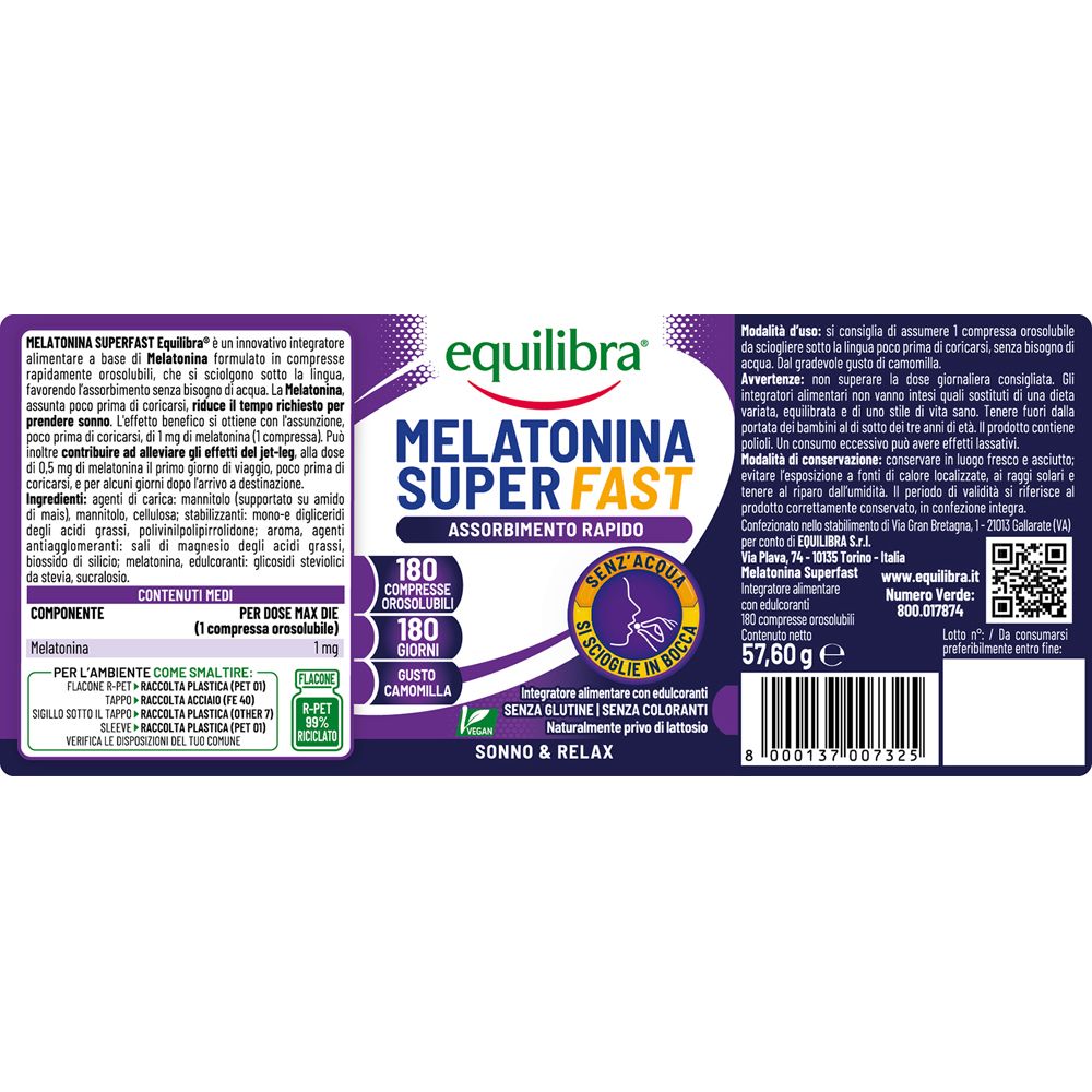 Etichetta del prodotto con testo. Testo: Melatonina Super Fast. 180 compresse. Sciogliere senza acqua. Senza glutine, senza coloranti. 57,60 g.