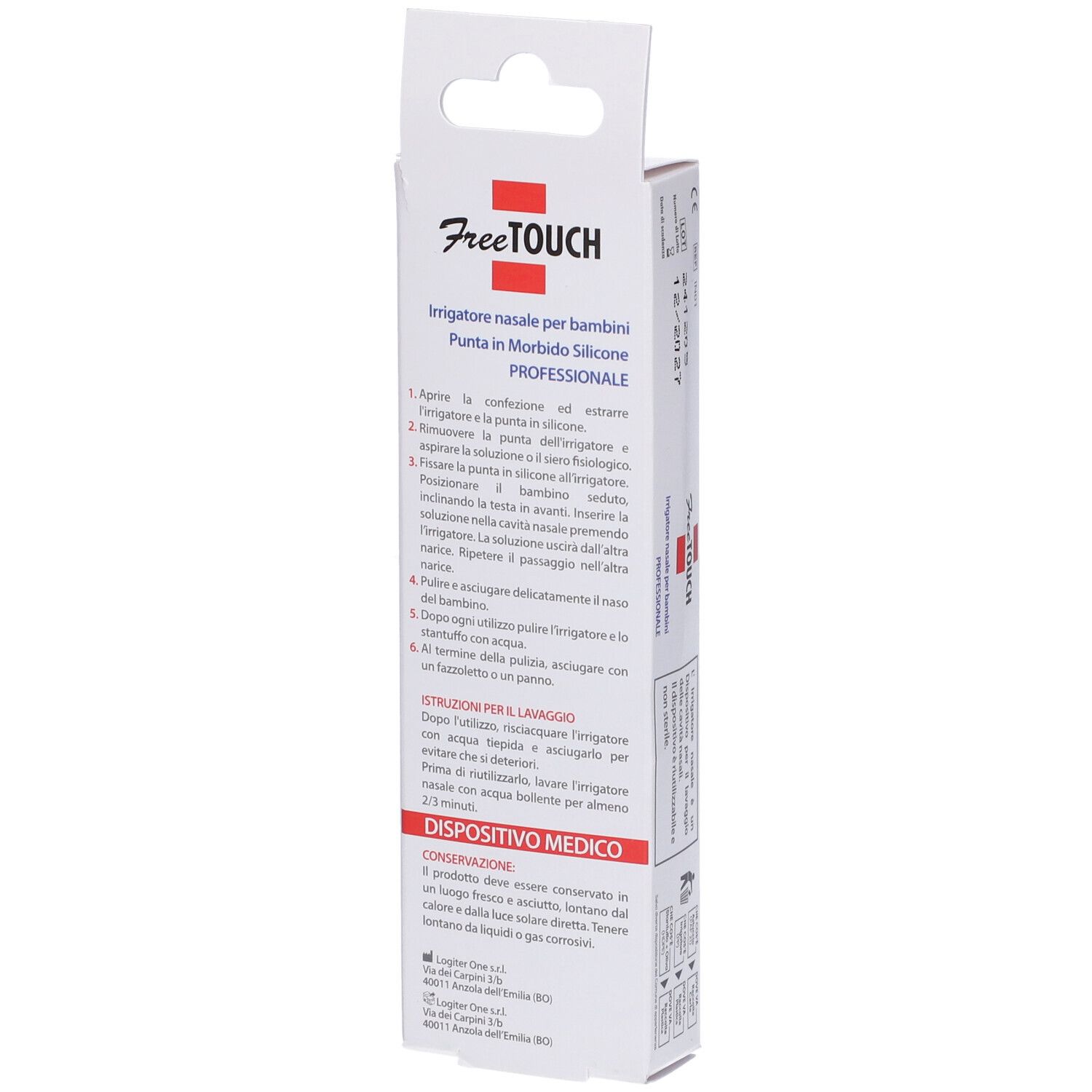 Retro della confezione. Testo: Istruzioni per l'uso dell'irrigatore nasale. Dispositivo medico. Informazioni produttore.
