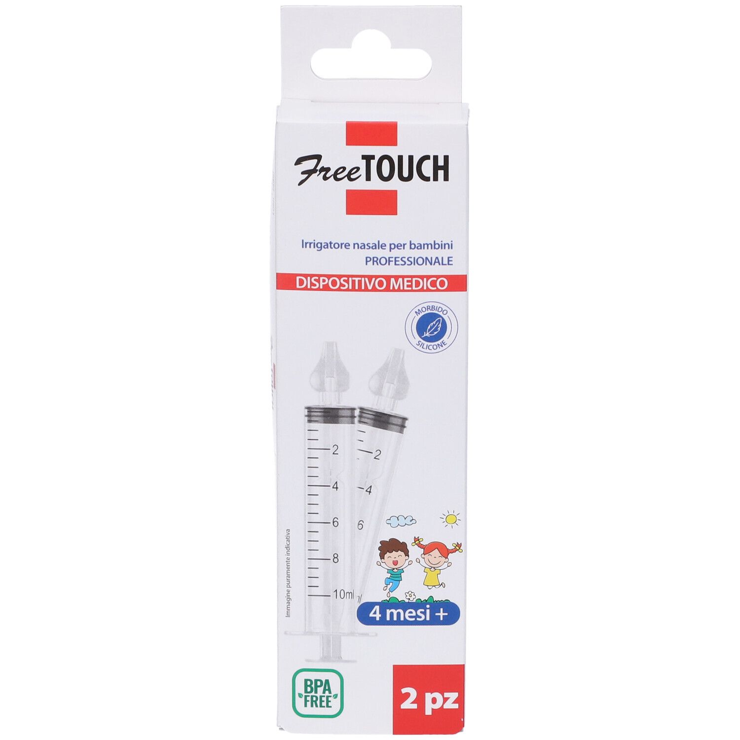 Confezione con due irrigatori nasali. Scritta: Free Touch, 4 mesi+, 2 pz. Dispositivo medico.