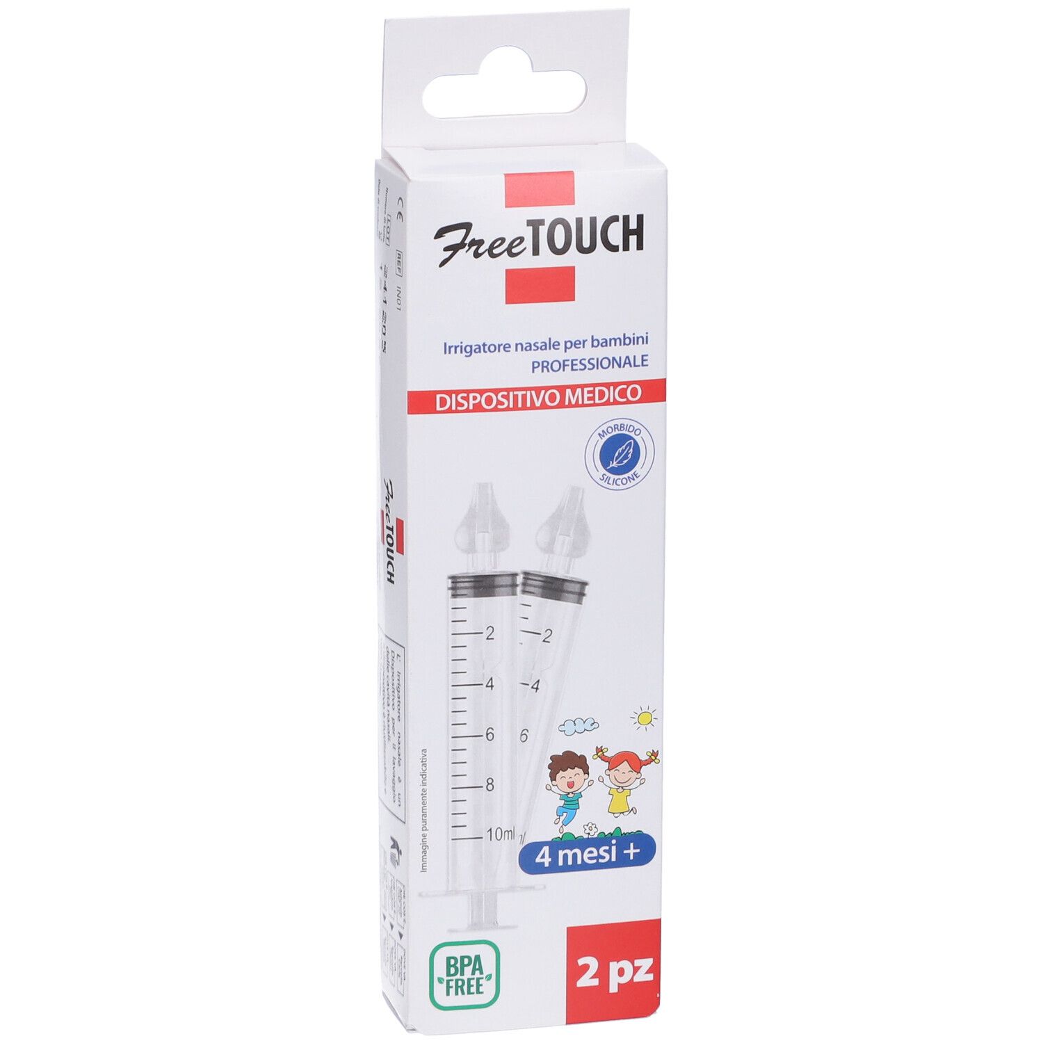 Confezione con due irrigatori nasali. Scritta: Free Touch, 4 mesi+, 2 pz. Dispositivo medico.