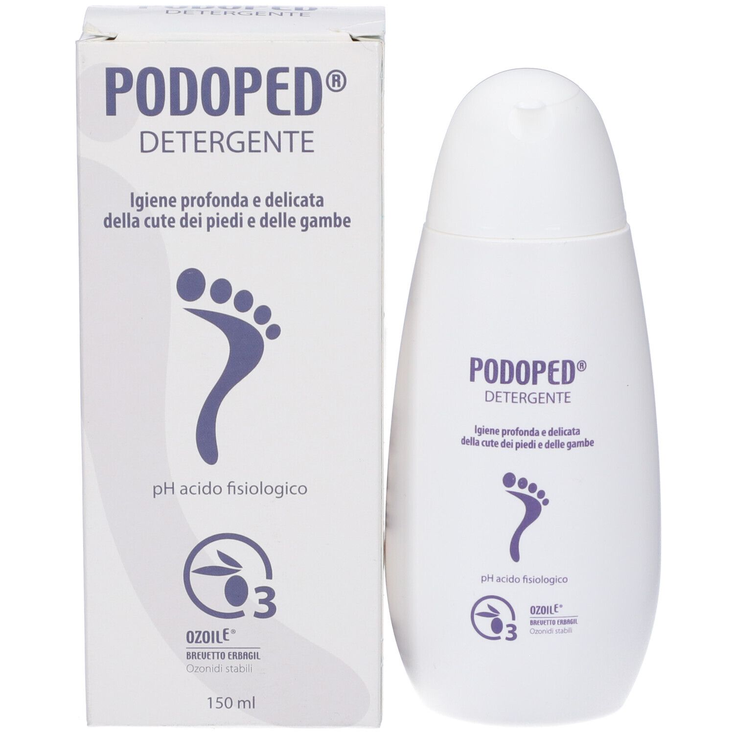 Confezione del prodotto con flacone. Scritta PODOPED DETERGENTE. Simbolo del piede. Logo OZOILE. 150 ml.