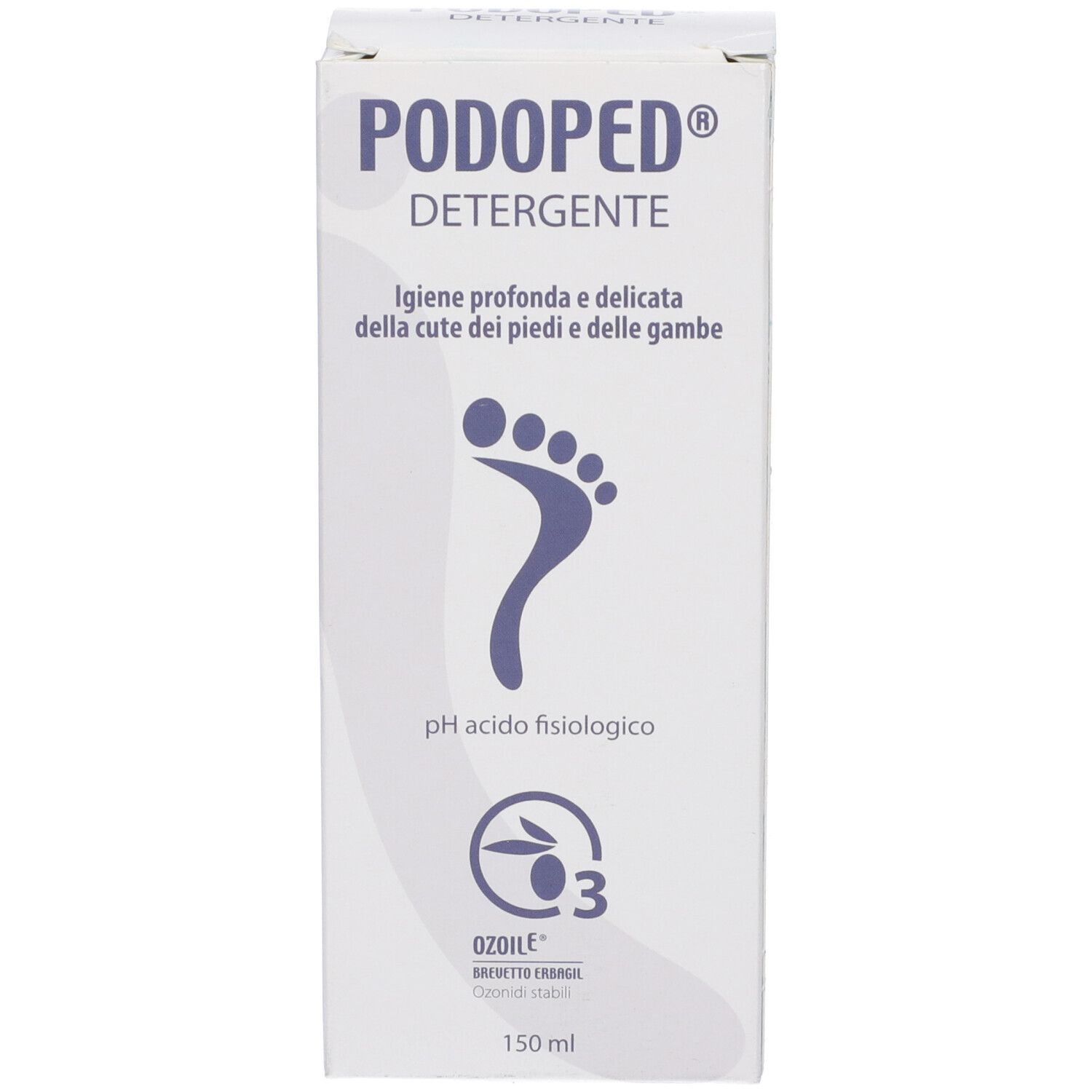 Confezione del prodotto. Scritta PODOPED DETERGENTE. Simbolo del piede. Logo OZOILE. 150 ml.