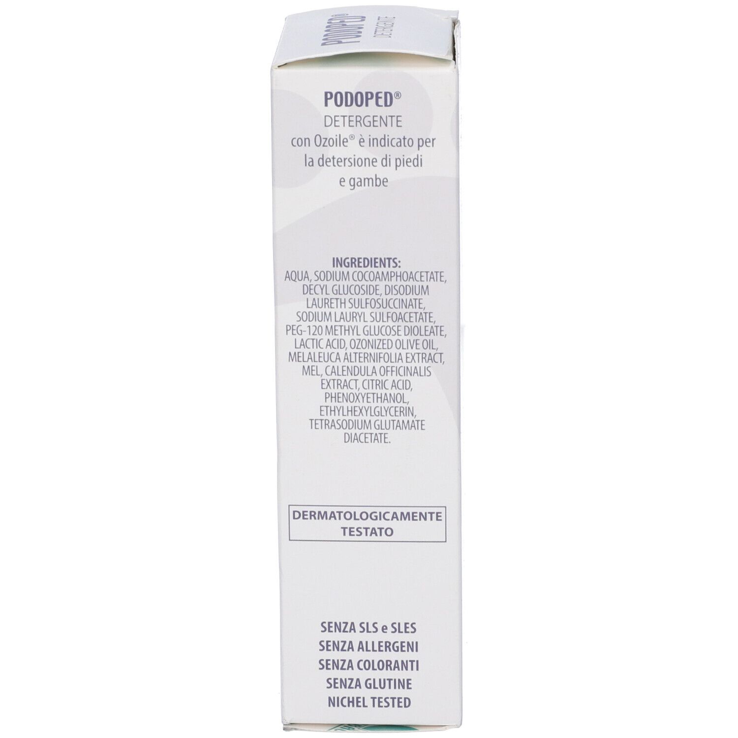 Lato della confezione. Testo con ingredienti e test dermatologico. Senza allergeni.