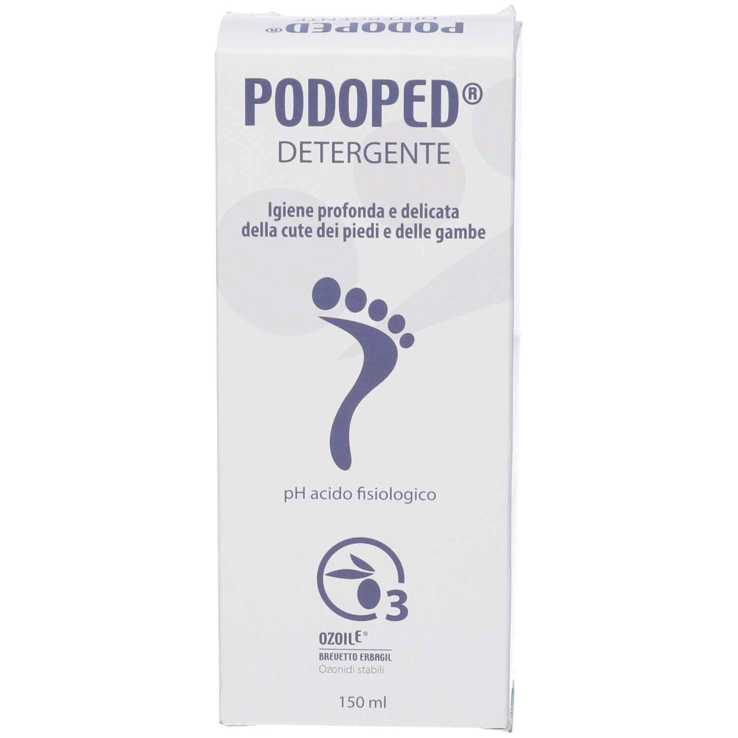 Confezione del prodotto. Scritta PODOPED DETERGENTE. Simbolo del piede. Logo OZOILE. 150 ml.