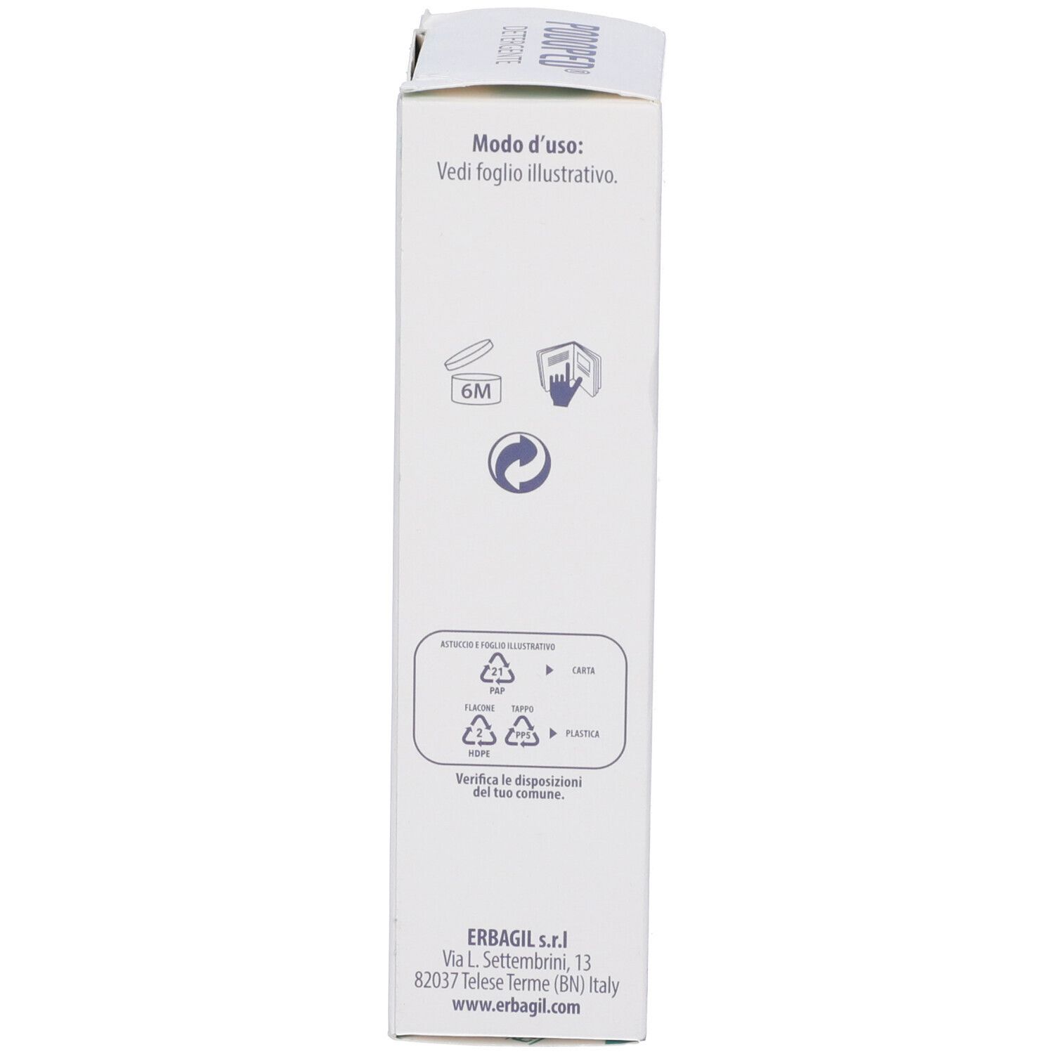 Lato della confezione. Istruzioni per l'uso. Simboli di riciclaggio. Indirizzo del produttore.