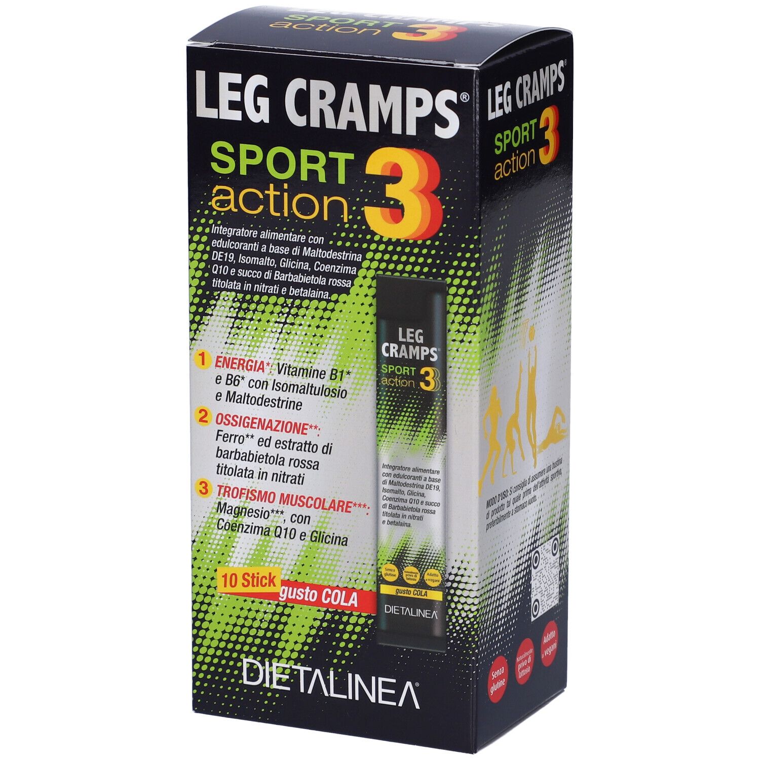 Scatola LEG CRAMPS SPORT 3, 10 stick. Marchio DIETALINEA. Design verde e nero con informazioni sul prodotto.