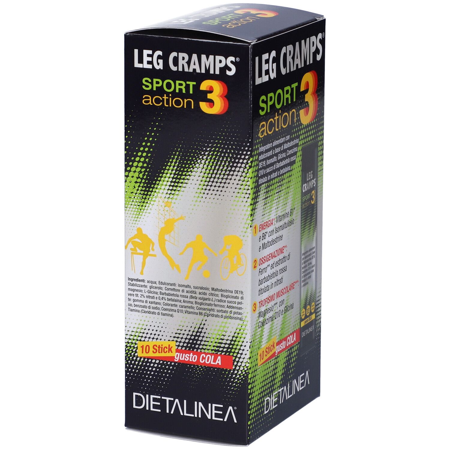 Scatola LEG CRAMPS SPORT 3, 10 stick. Marchio DIETALINEA. Design verde e nero. Informazioni e illustrazioni sul prodotto.