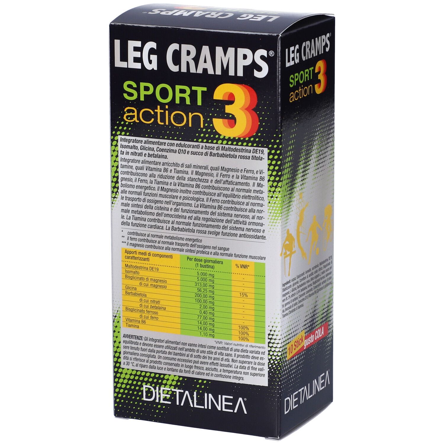 Scatola LEG CRAMPS SPORT 3. Marchio DIETALINEA. Design verde e nero. Informazioni sul prodotto e tabella nutrizionale.