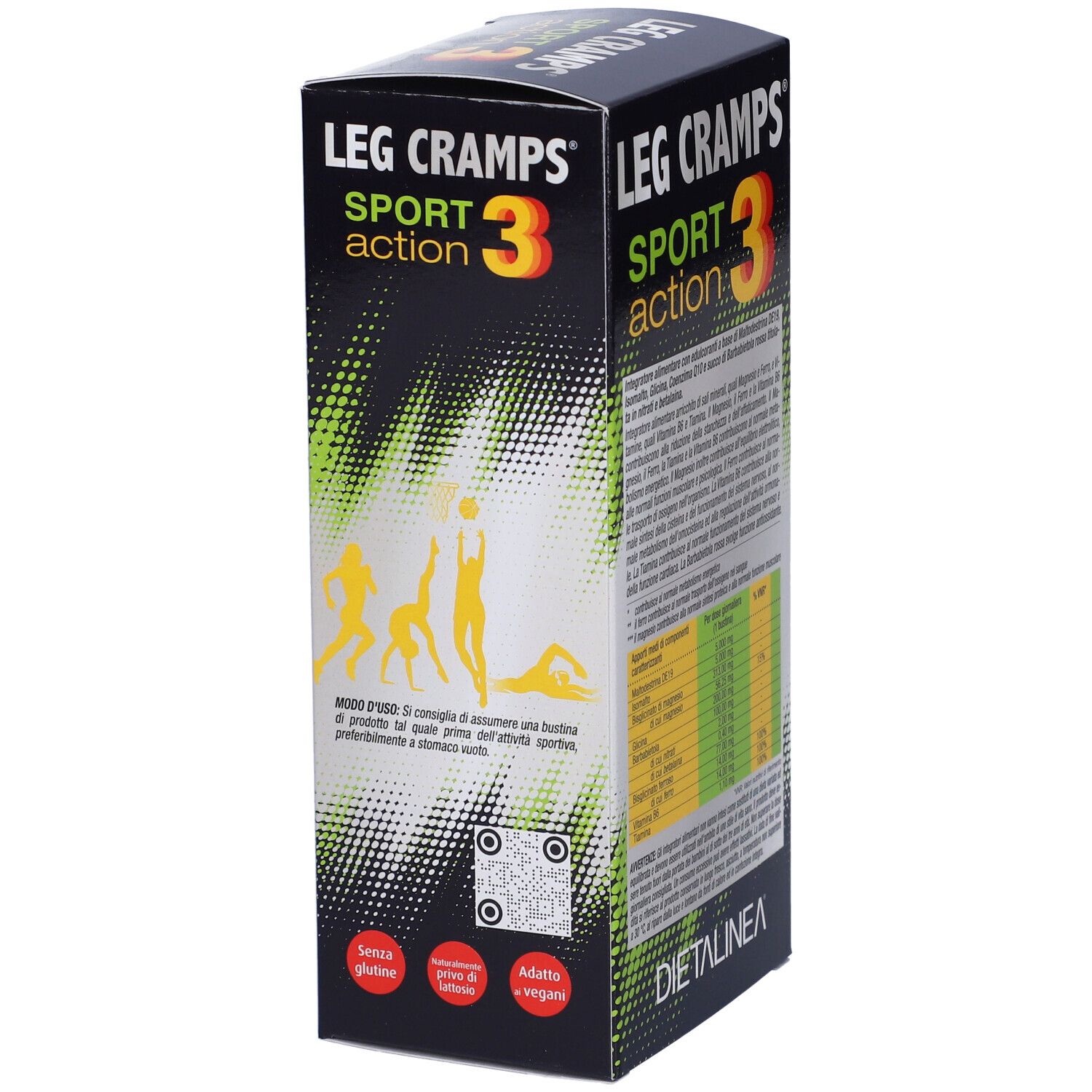 Scatola LEG CRAMPS SPORT 3. Marchio DIETALINEA. Design verde e nero. Informazioni e illustrazioni sul prodotto.