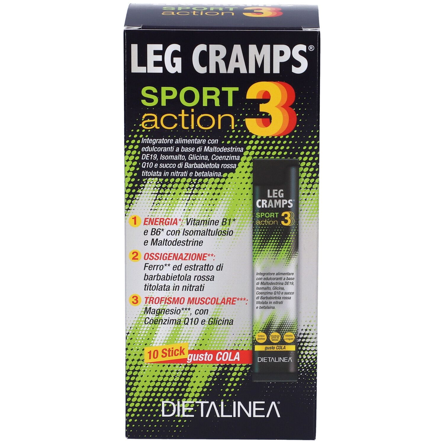 Scatola LEG CRAMPS SPORT 3, 10 stick. Marchio DIETALINEA. Design verde e nero. Stick singolo visibile.
