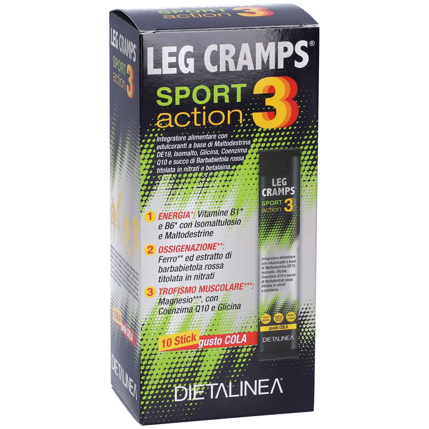 Scatola LEG CRAMPS SPORT 3, 10 stick. Marchio DIETALINEA. Design verde e nero. Stick singolo visibile.