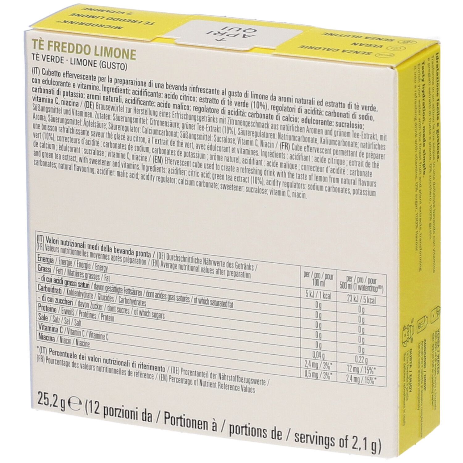 Retro della confezione Waterdrop Tè freddo Limone Cubetti con informazioni nutrizionali.